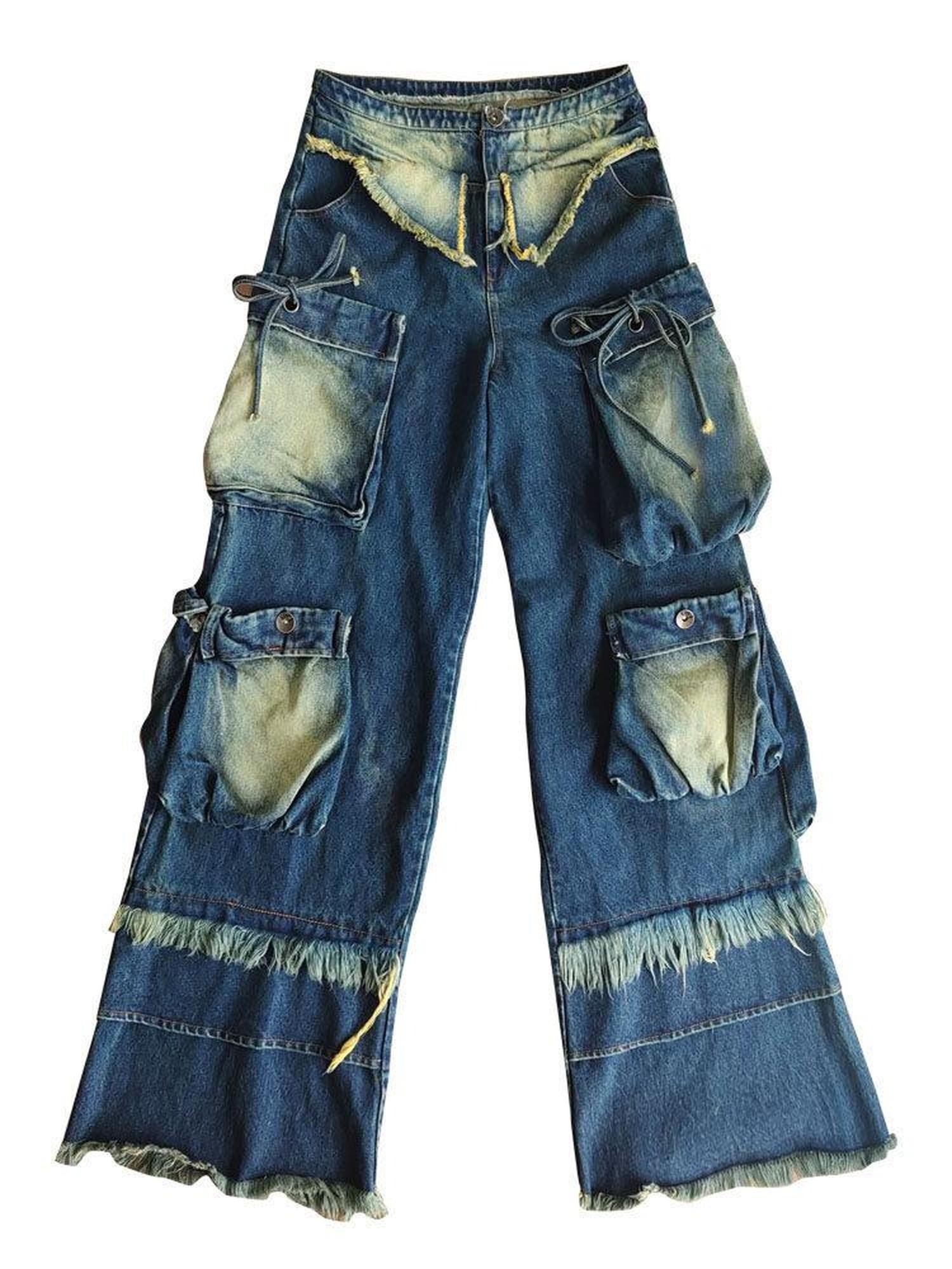 WSW High Rise Cargo Style Long Denim Blue Relaxed Fit Casual Wide-Leg Jeans