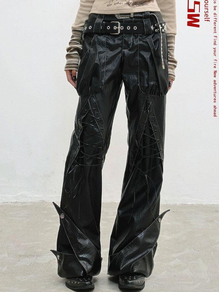 WSW High Waist Slim Straight Leg Long Womens Black Pu Leather Pants