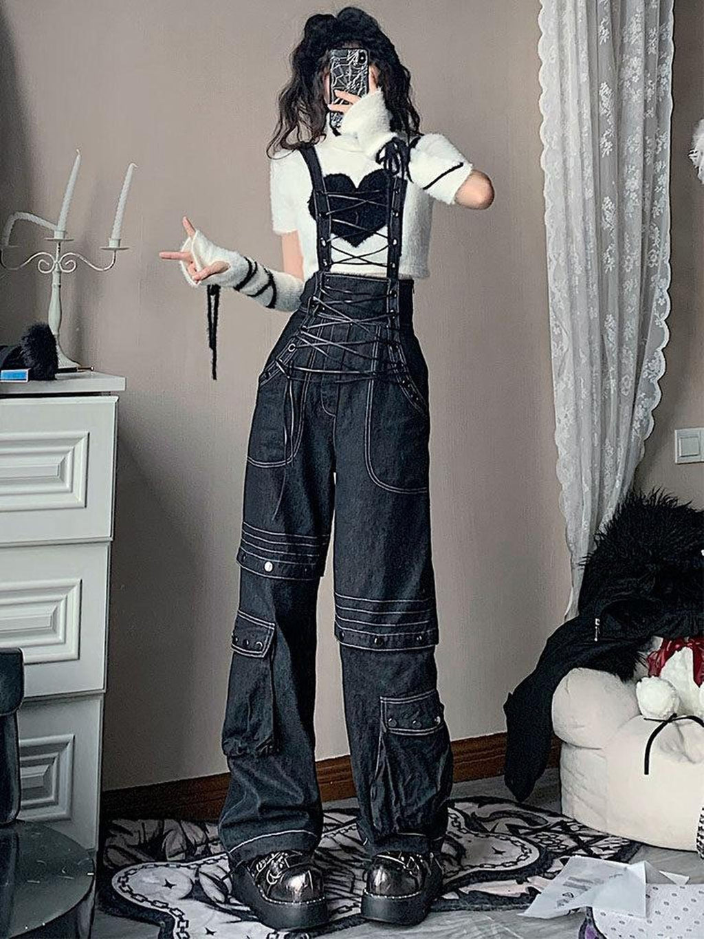 WSW High Waist Suspender Straight Leg Casual Black Denim Straight Jeans