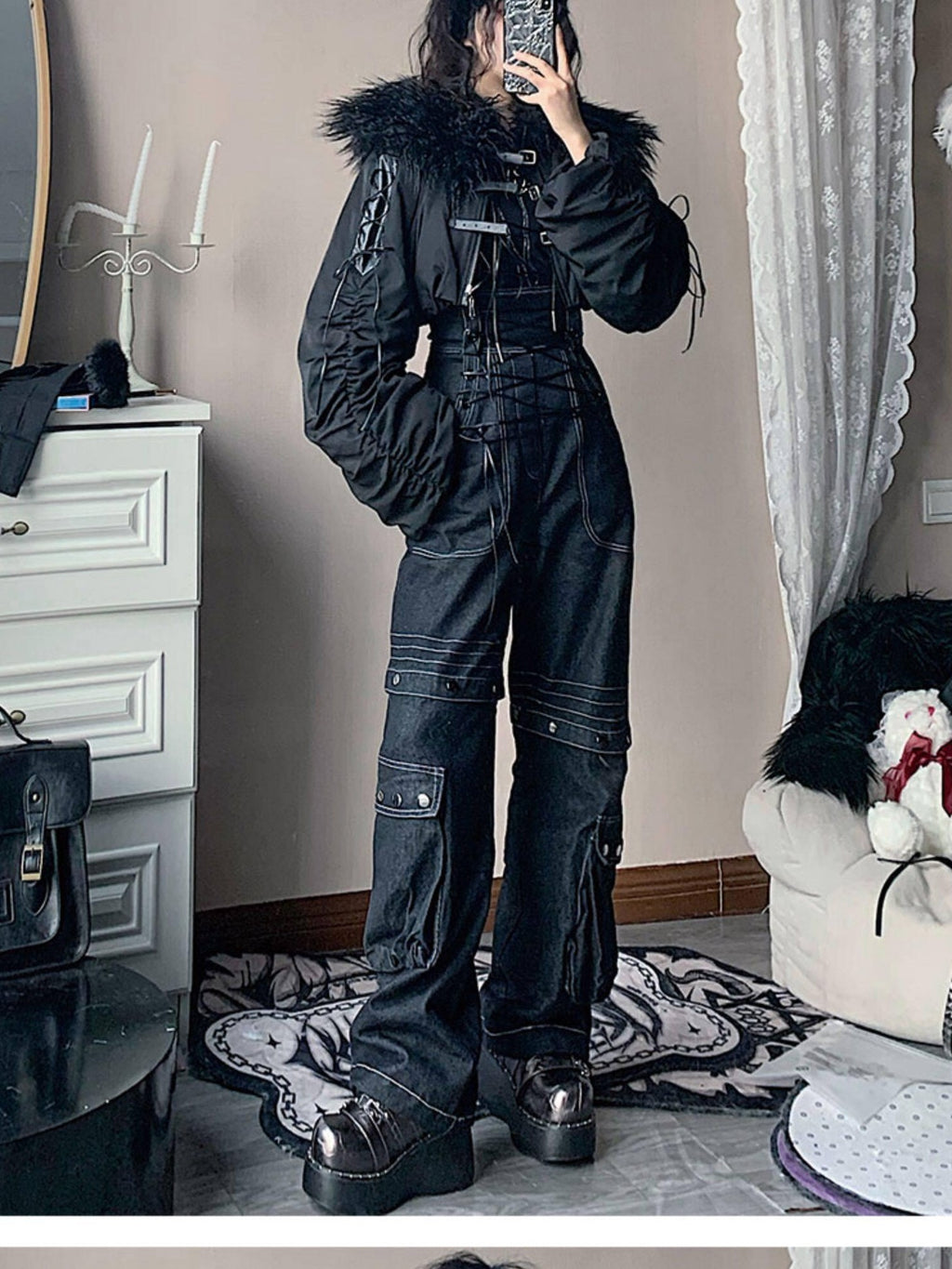 WSW High Waist Suspender Straight Leg Casual Black Denim Straight Jeans