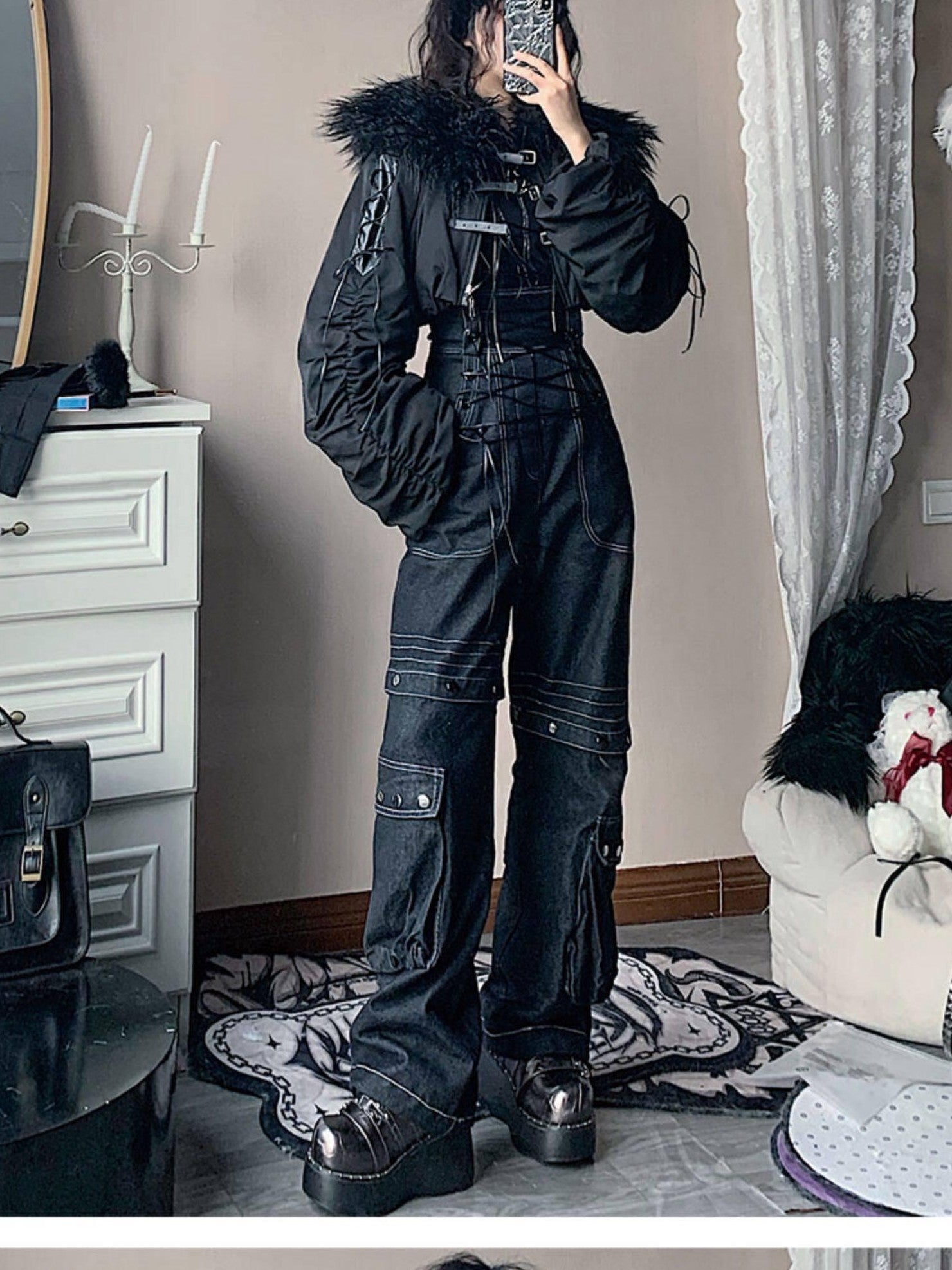WSW High Waist Suspender Straight Leg Casual Black Denim Straight Jeans