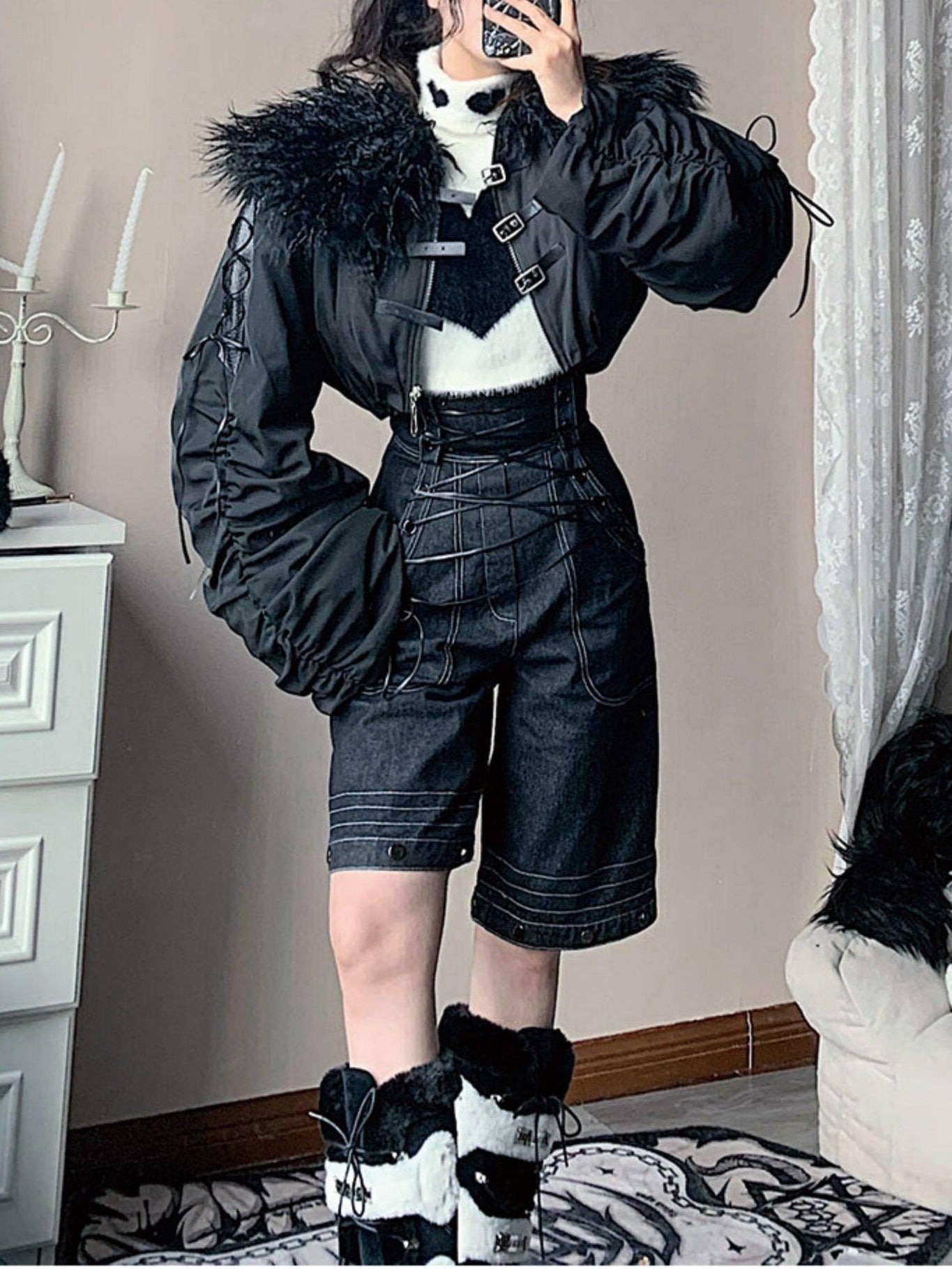 WSW High Waist Suspender Straight Leg Casual Black Denim Straight Jeans