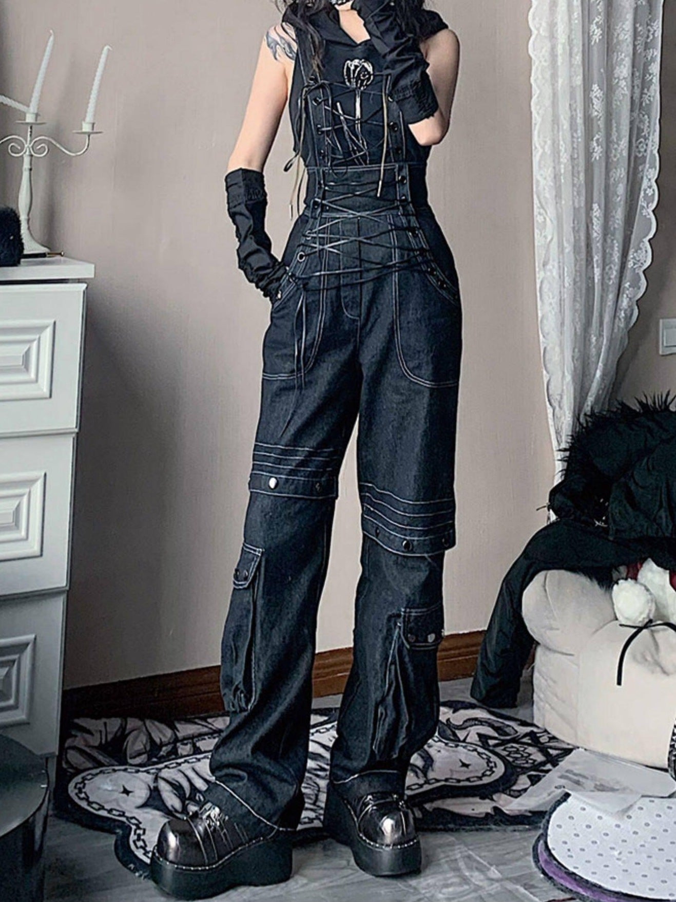 WSW High Waist Suspender Straight Leg Casual Black Denim Straight Jeans