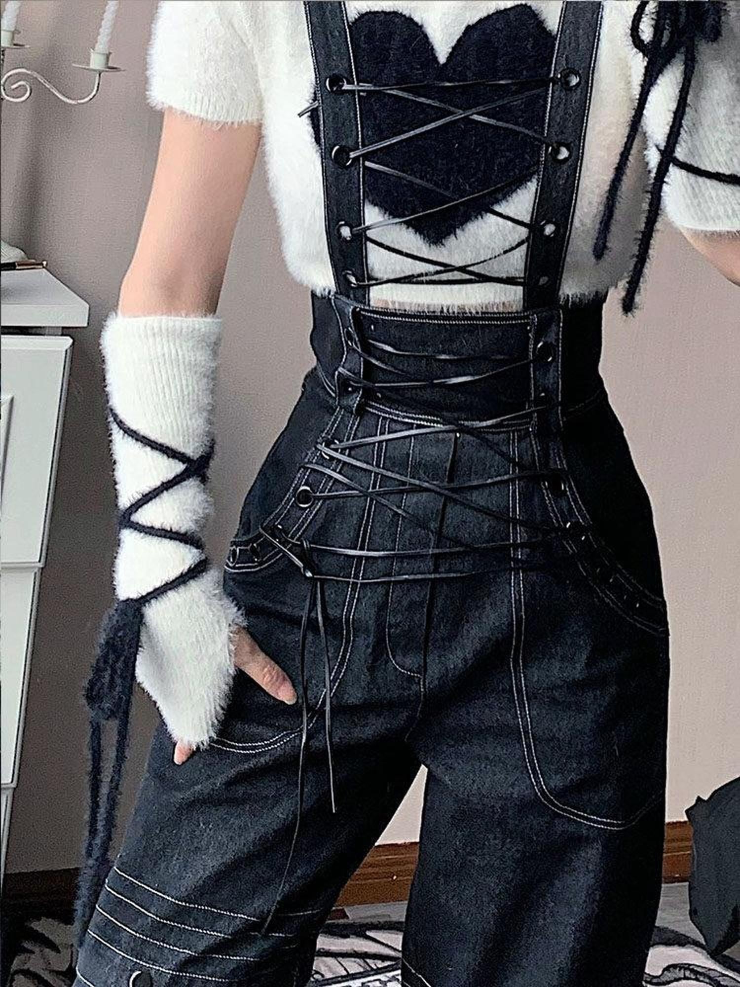WSW High Waist Suspender Straight Leg Casual Black Denim Straight Jeans