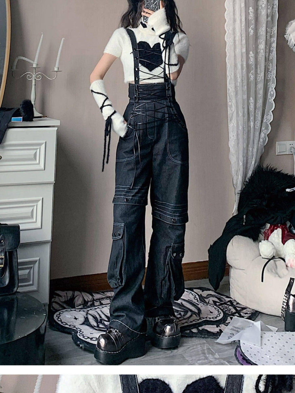 WSW High Waist Suspender Straight Leg Casual Black Denim Straight Jeans