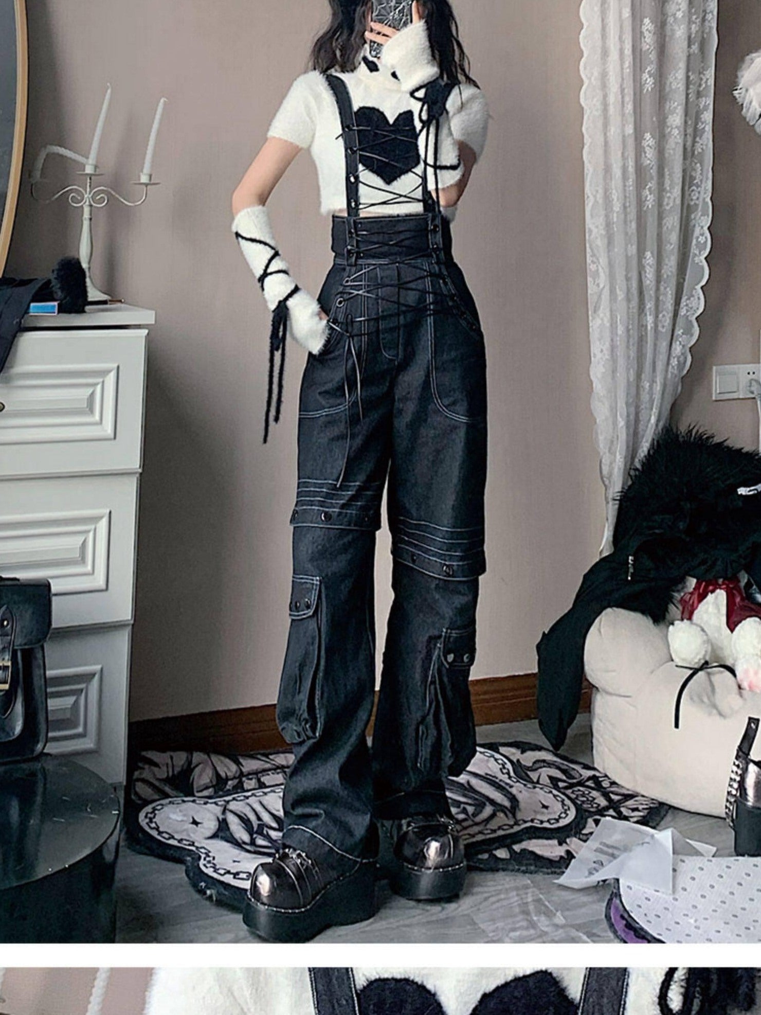 WSW High Waist Suspender Straight Leg Casual Black Denim Straight Jeans