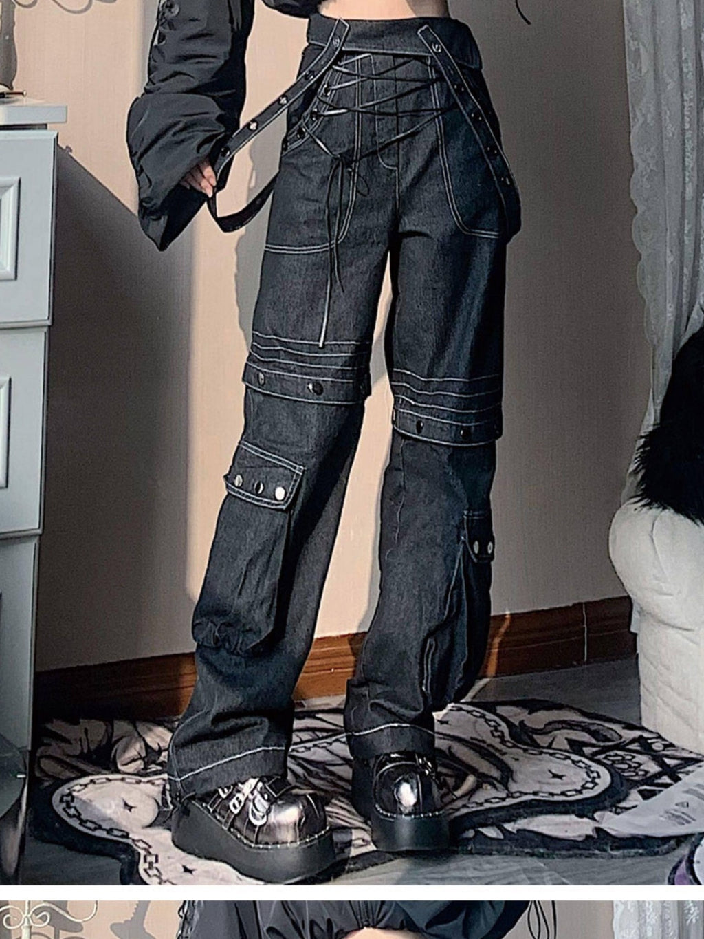 WSW High Waist Suspender Straight Leg Casual Black Denim Straight Jeans