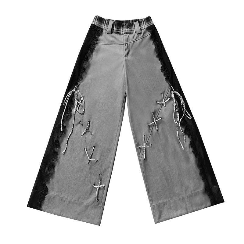 WSW_Lace_Trim_Low_Rise_Minimalist_Dark_Gray_Polyester_For_Students_Wide-Leg_Pants_MISSTT