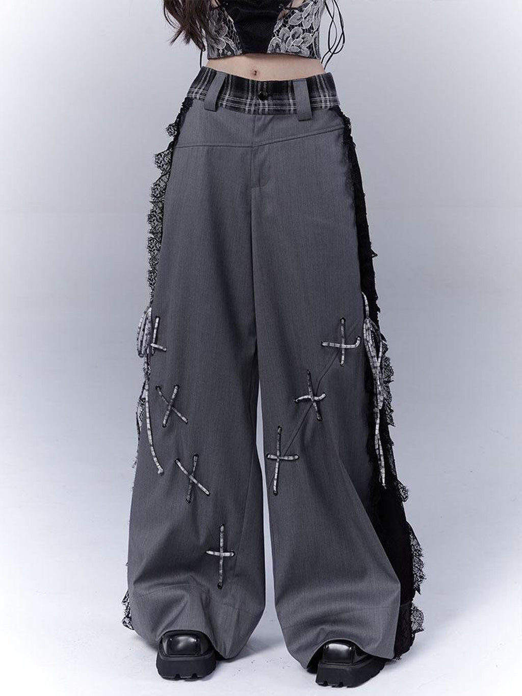 WSW Lace Trim Low Rise Minimalist Dark Gray Polyester For Students Wide-Leg Pants