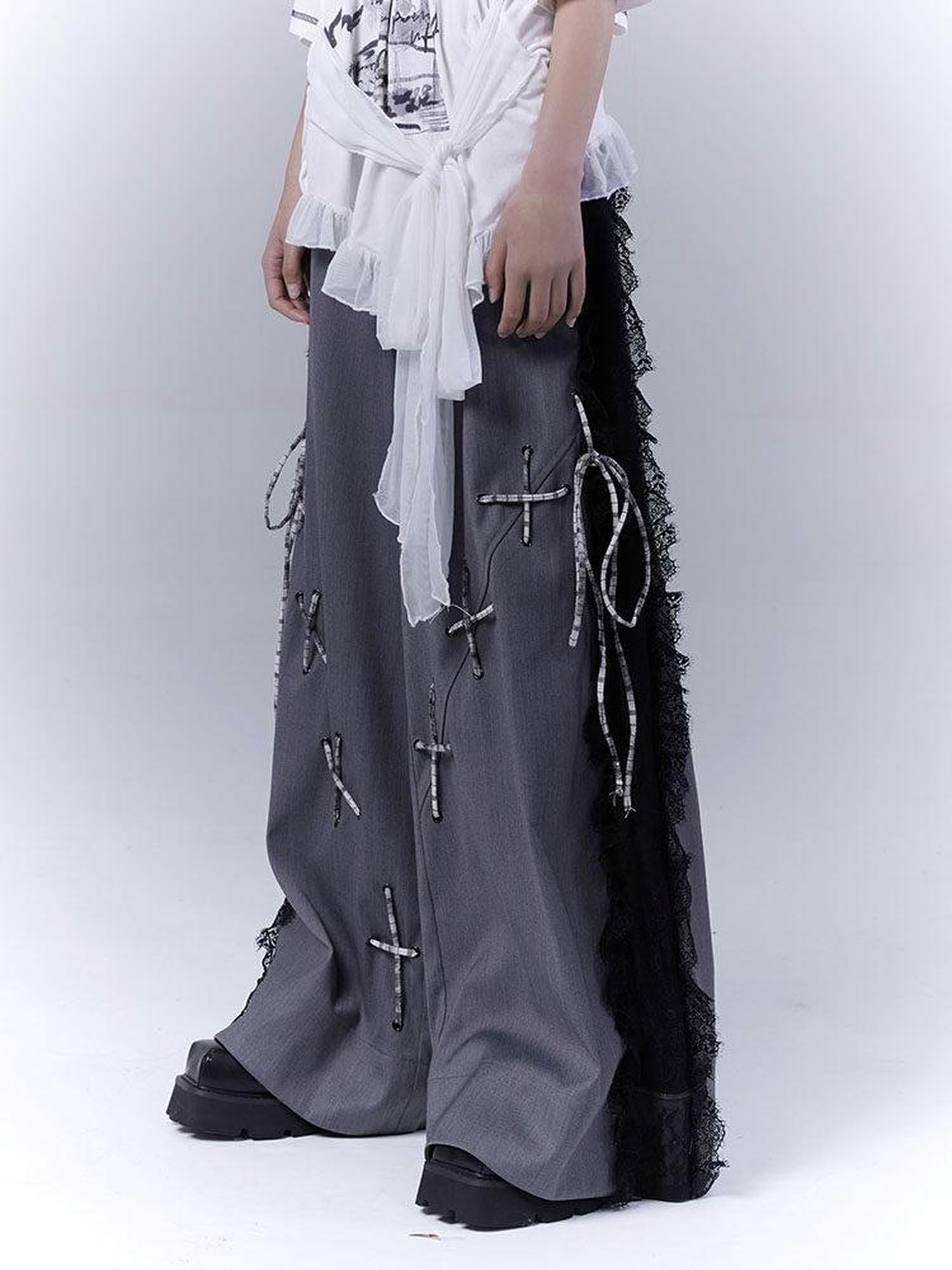 WSW Lace Trim Low Rise Minimalist Dark Gray Polyester For Students Wide-Leg Pants