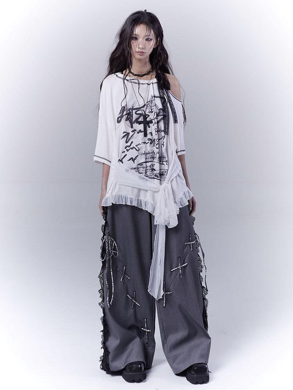 WSW Lace Trim Low Rise Minimalist Dark Gray Polyester For Students Wide-Leg Pants
