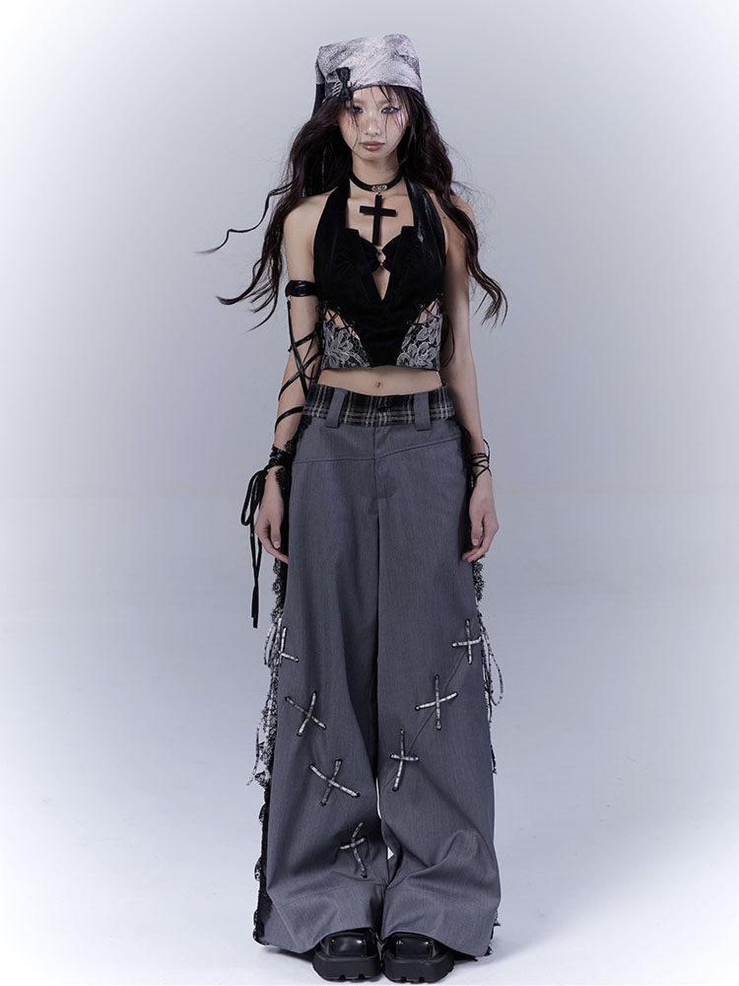 WSW Lace Trim Low Rise Minimalist Dark Gray Polyester For Students Wide-Leg Pants