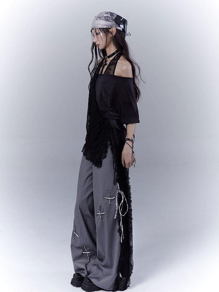 WSW Lace Trim Low Rise Minimalist Dark Gray Polyester For Students Wide-Leg Pants