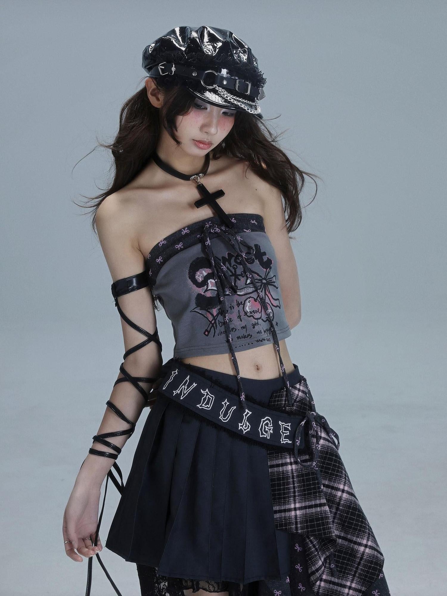 WSW Letter Print Slim Cropped Dark Gray Street Tube Tops / Bandeaus