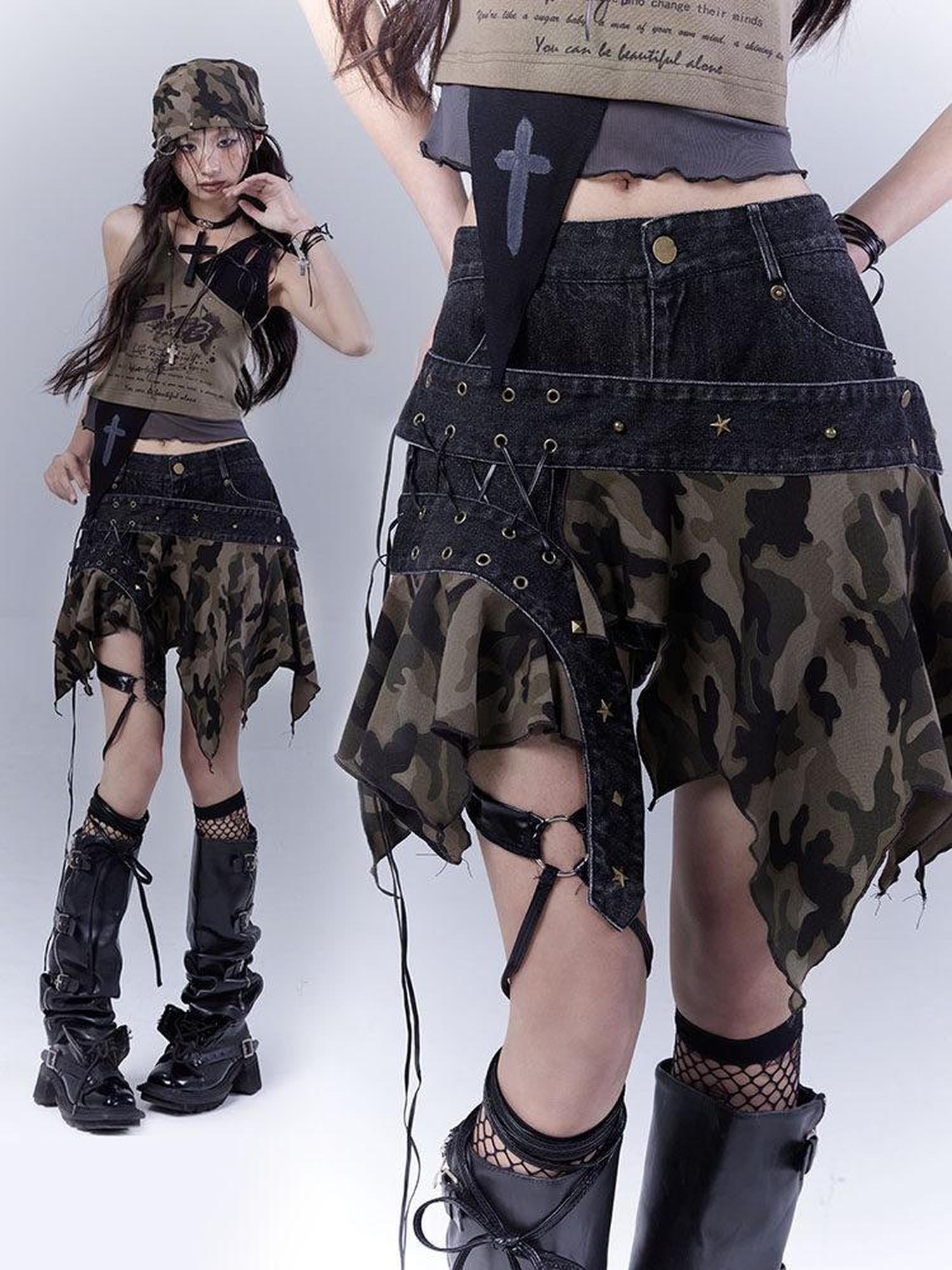 WSW Low Waist Distressed Cotton Stretch Tie Detail Asymmetric Hem Women Skorts Jeans