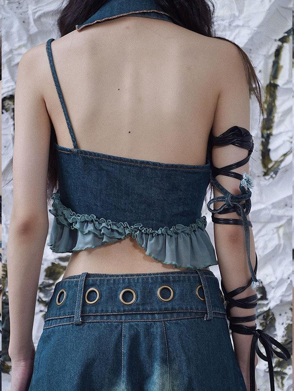 WSW Original Design Halter Crop Unpadded Leather Look Denim Green Women Tank Tops