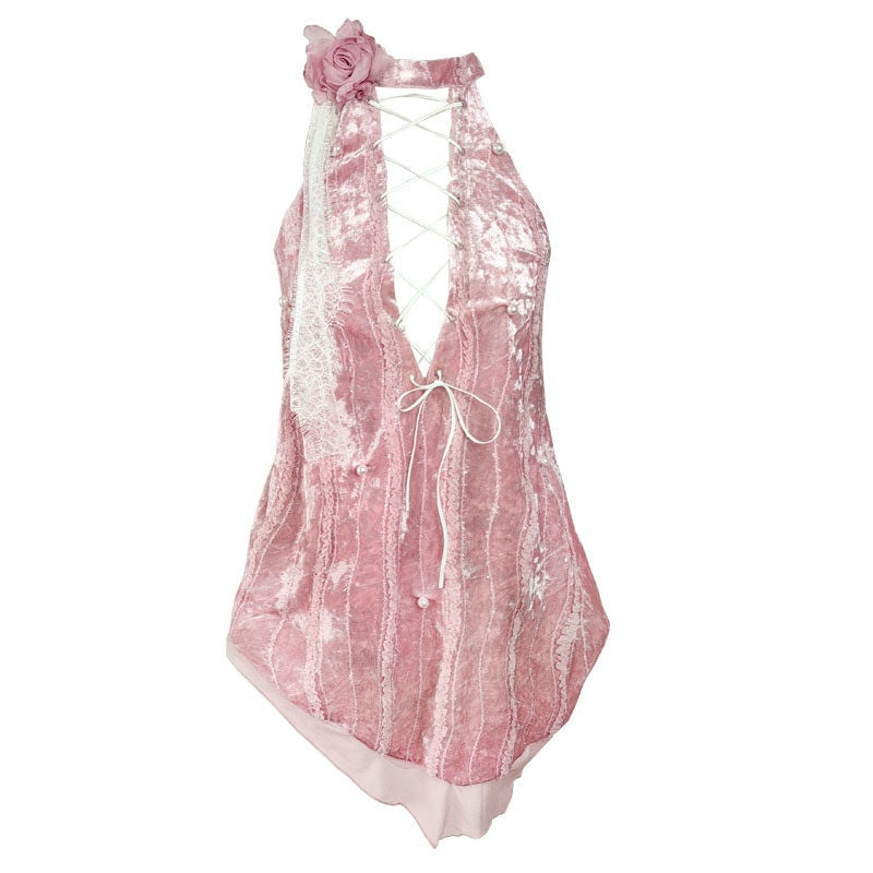 WSW_Original_Pink_Design_Flattering_Mid_Length_Halter_Neck_Stretch_Polyester_Blouses_MISSTT