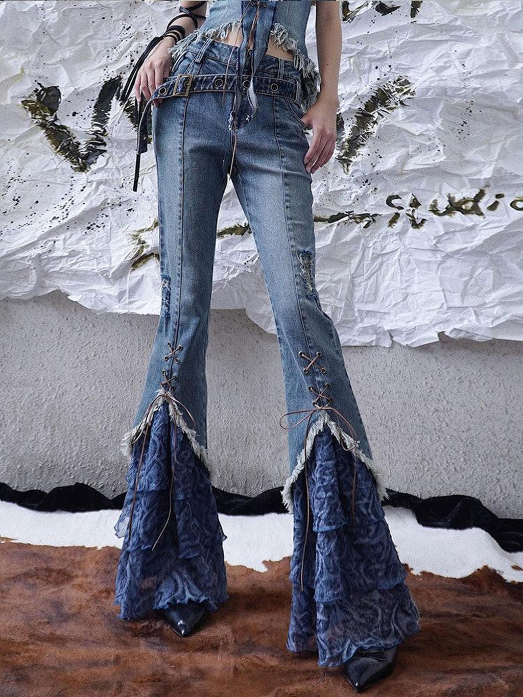 WSW Patchwork Slim Fit Low Rise Slight Stretch Women Contrast Denim Flare Jeans