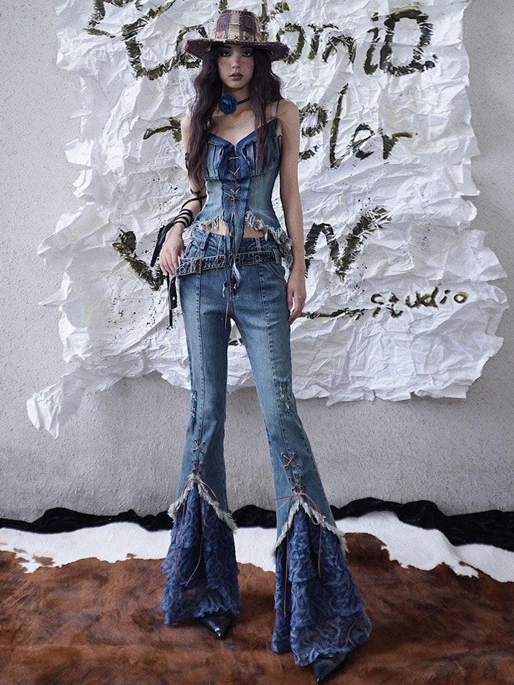 WSW Patchwork Slim Fit Low Rise Slight Stretch Women Contrast Denim Flare Jeans