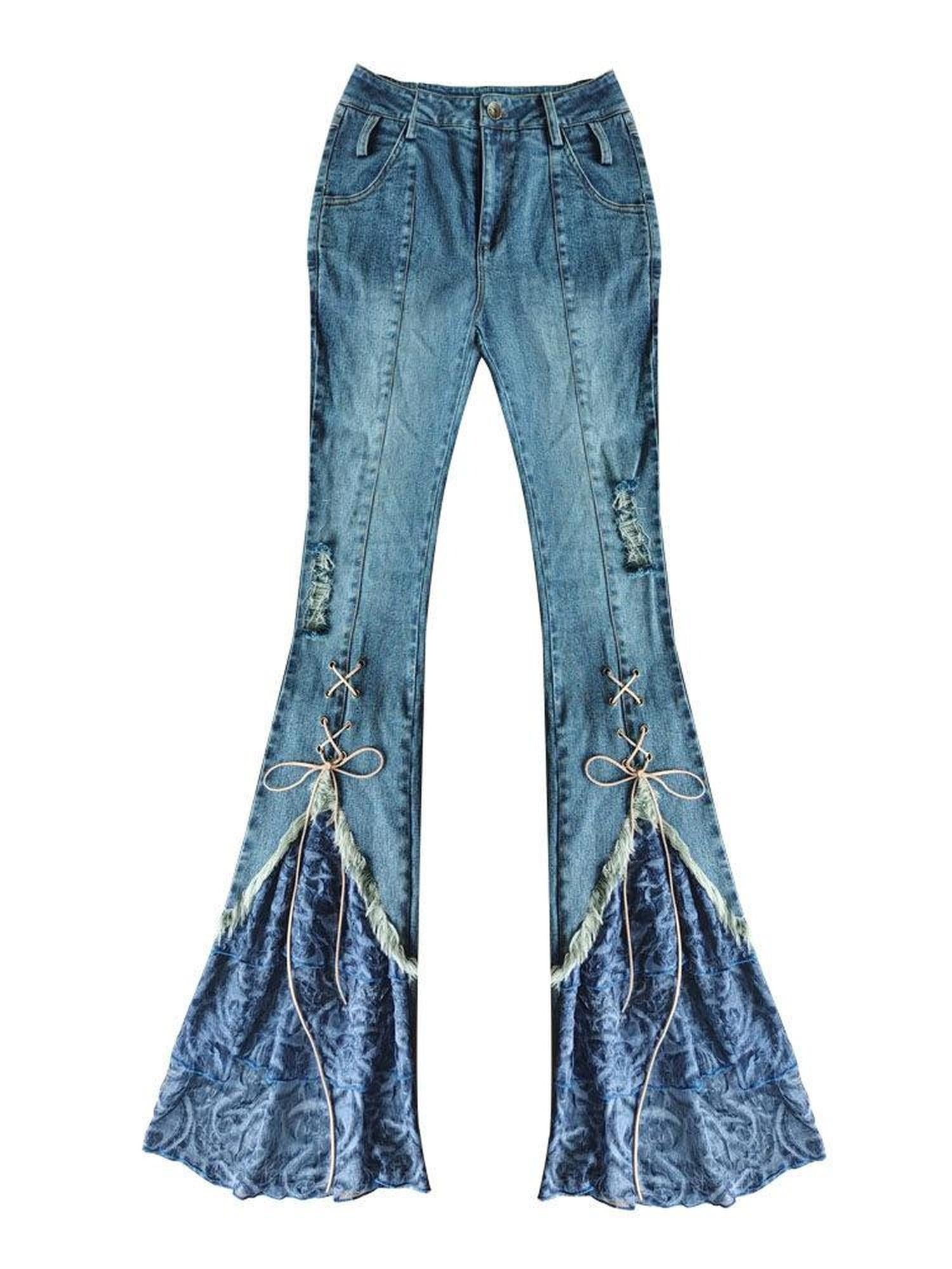 WSW Patchwork Slim Fit Low Rise Slight Stretch Women Contrast Denim Flare Jeans