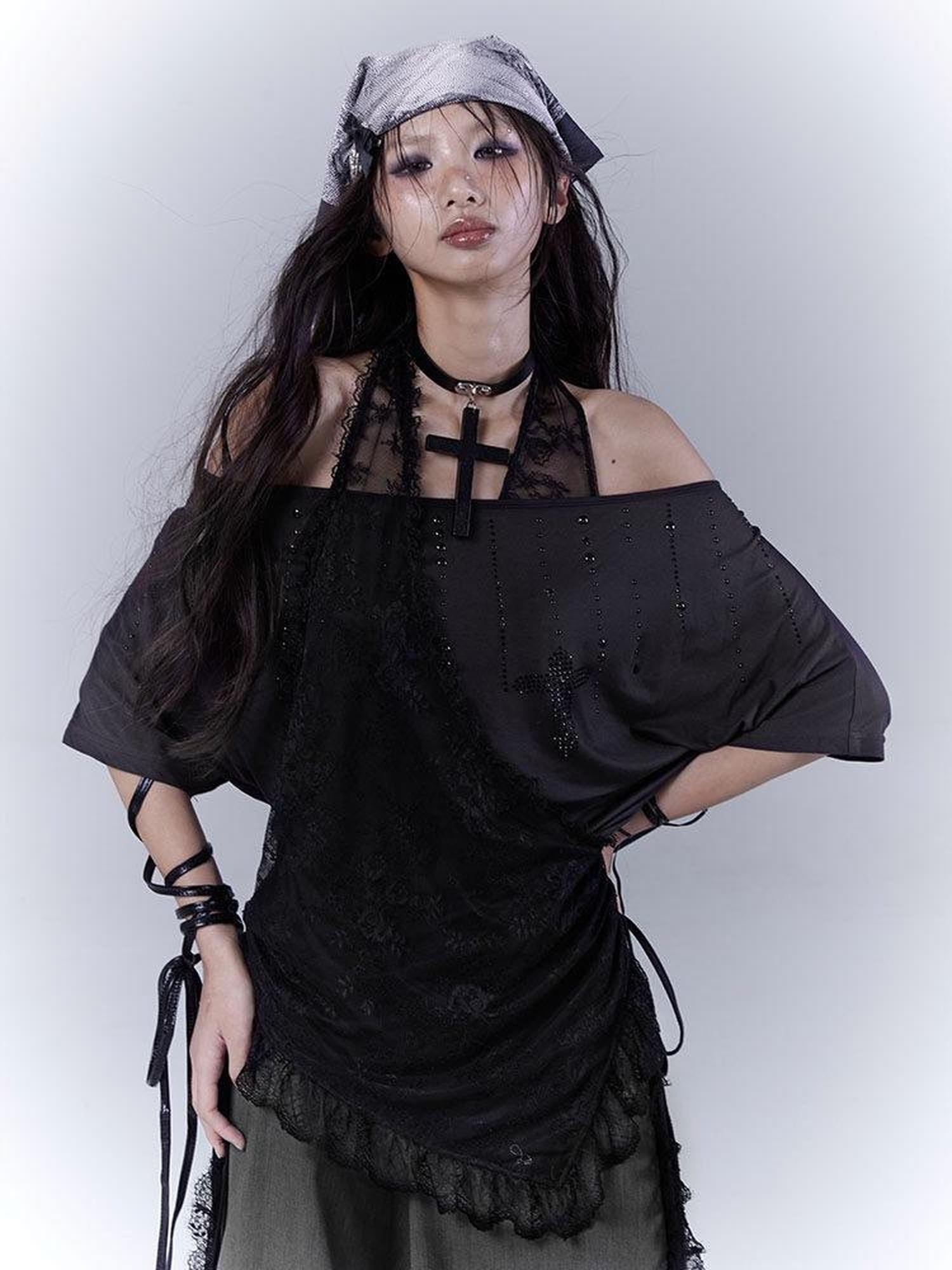 WSW Rhinestone Patchwork Oversize Cotton Black Boat Neck Women Short Sleeve T-Shirts