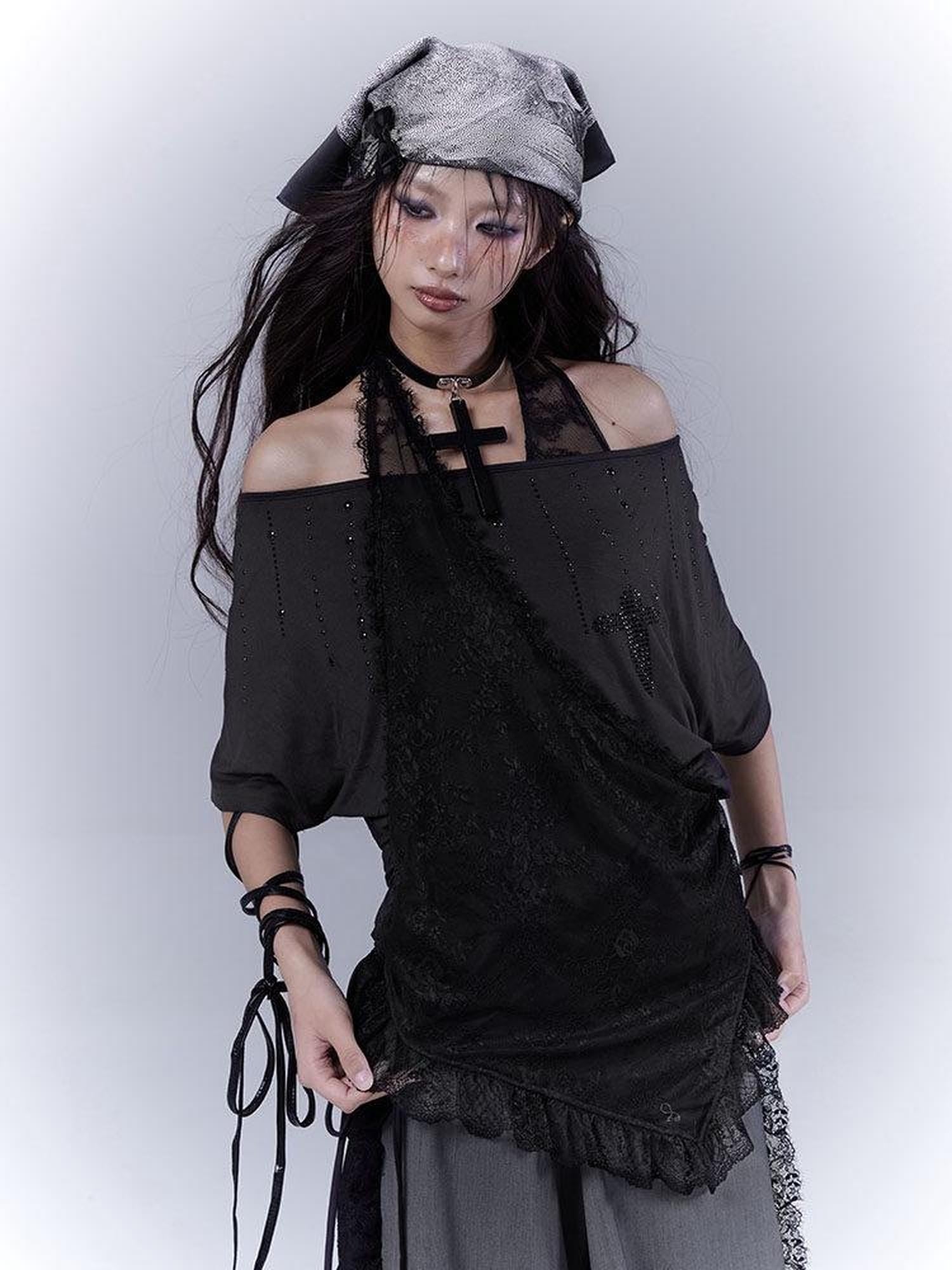 WSW Rhinestone Patchwork Oversize Cotton Black Boat Neck Women Short Sleeve T-Shirts