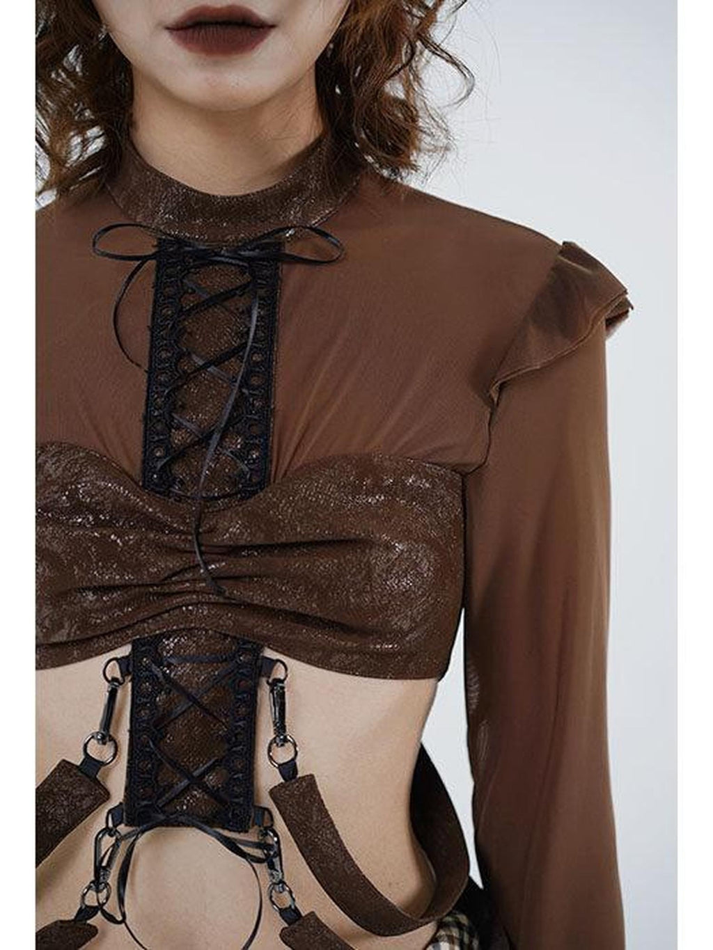 WSW Ruffled Mesh Tie Long Sleeve Street Loose Fit Casual Burgundy Black Crop Tops