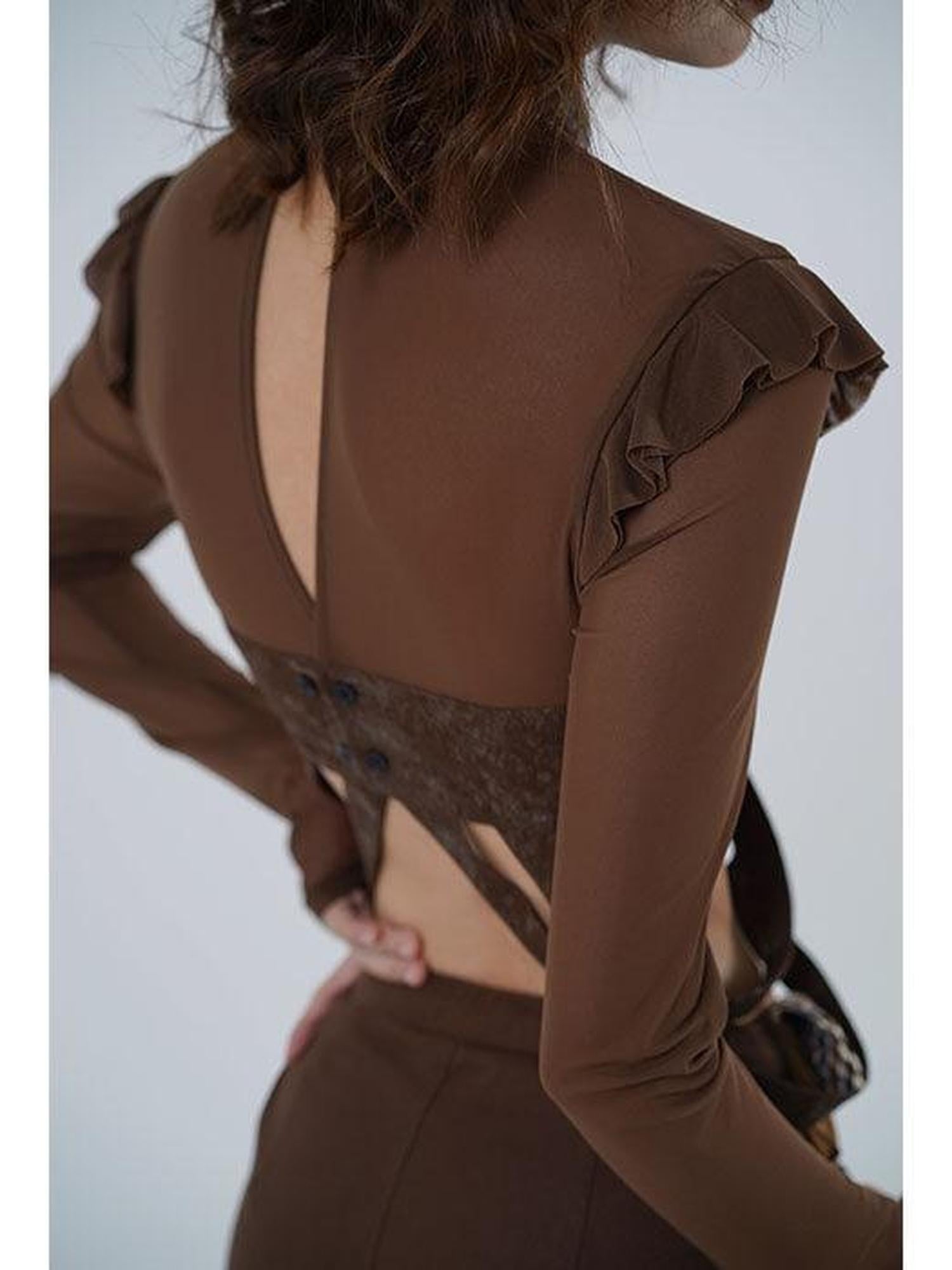 WSW Ruffled Mesh Tie Long Sleeve Street Loose Fit Casual Burgundy Black Crop Tops