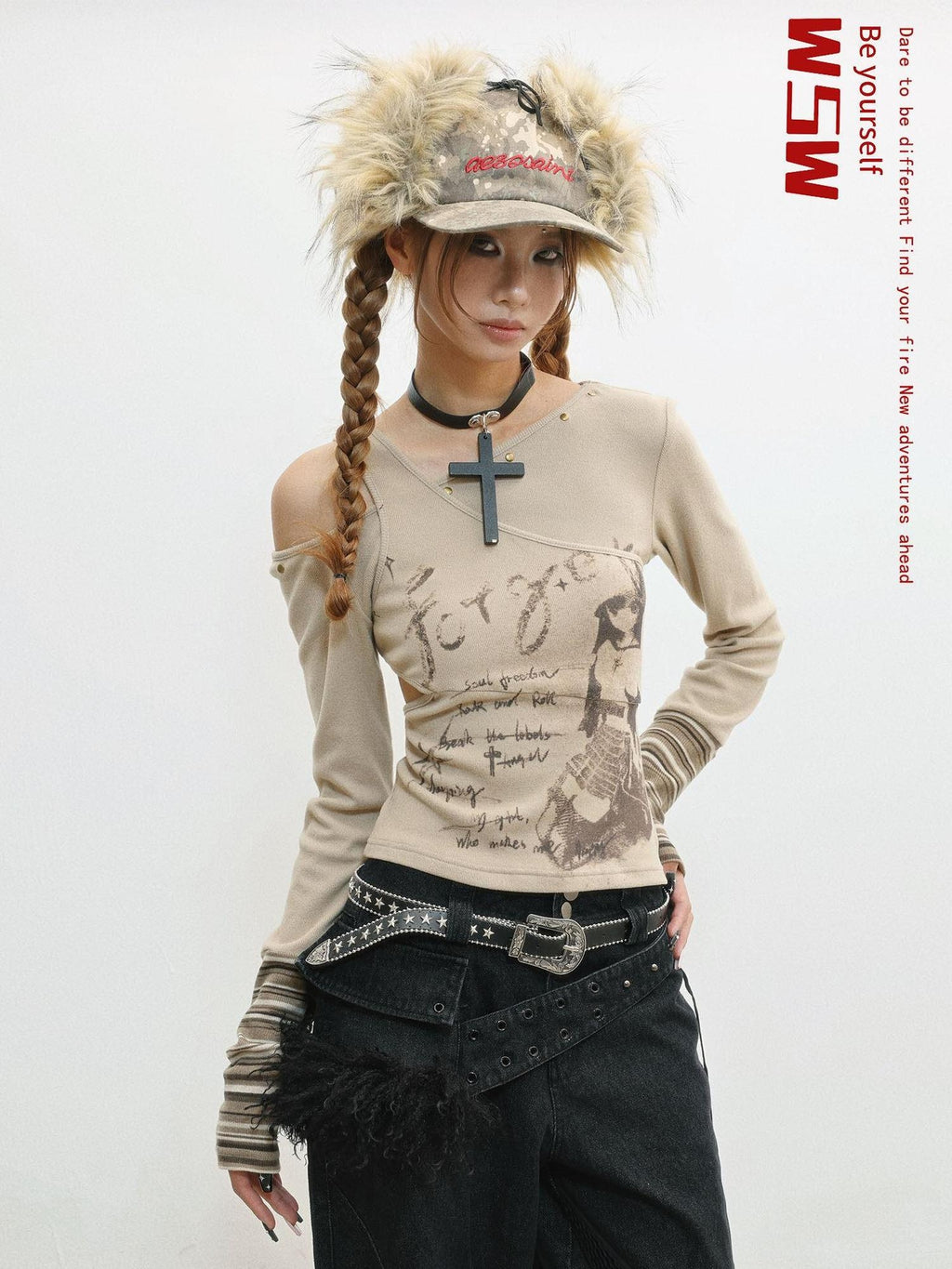 WSW Sexy Backless Slim Fit Asymmetric Neck Printed Camel Women Long Sleeve T-Shirts