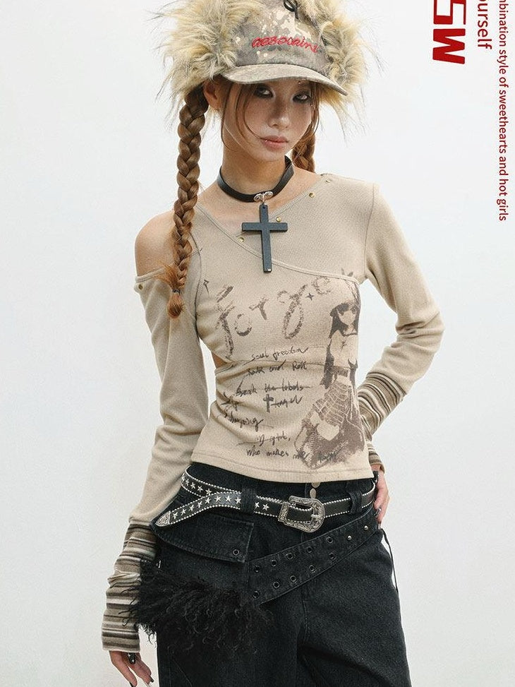 WSW Sexy Backless Slim Fit Asymmetric Neck Printed Camel Women Long Sleeve T-Shirts