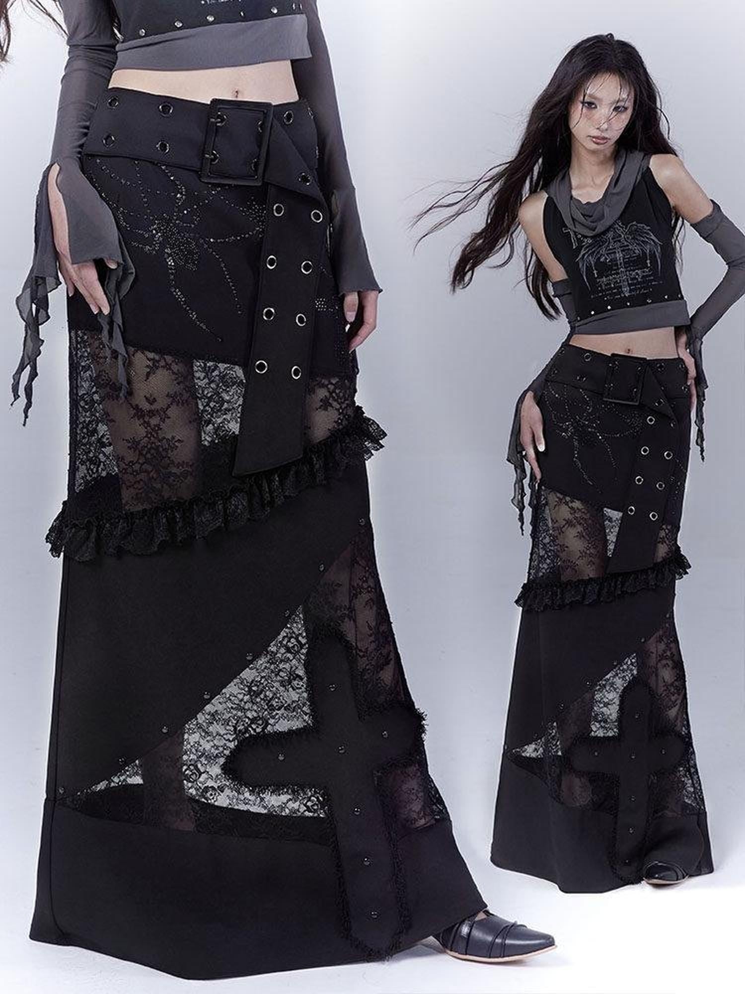 WSW Sexy Gothic Lace Low Waist Straight Cut Women Everyday Black Maxi Skirts
