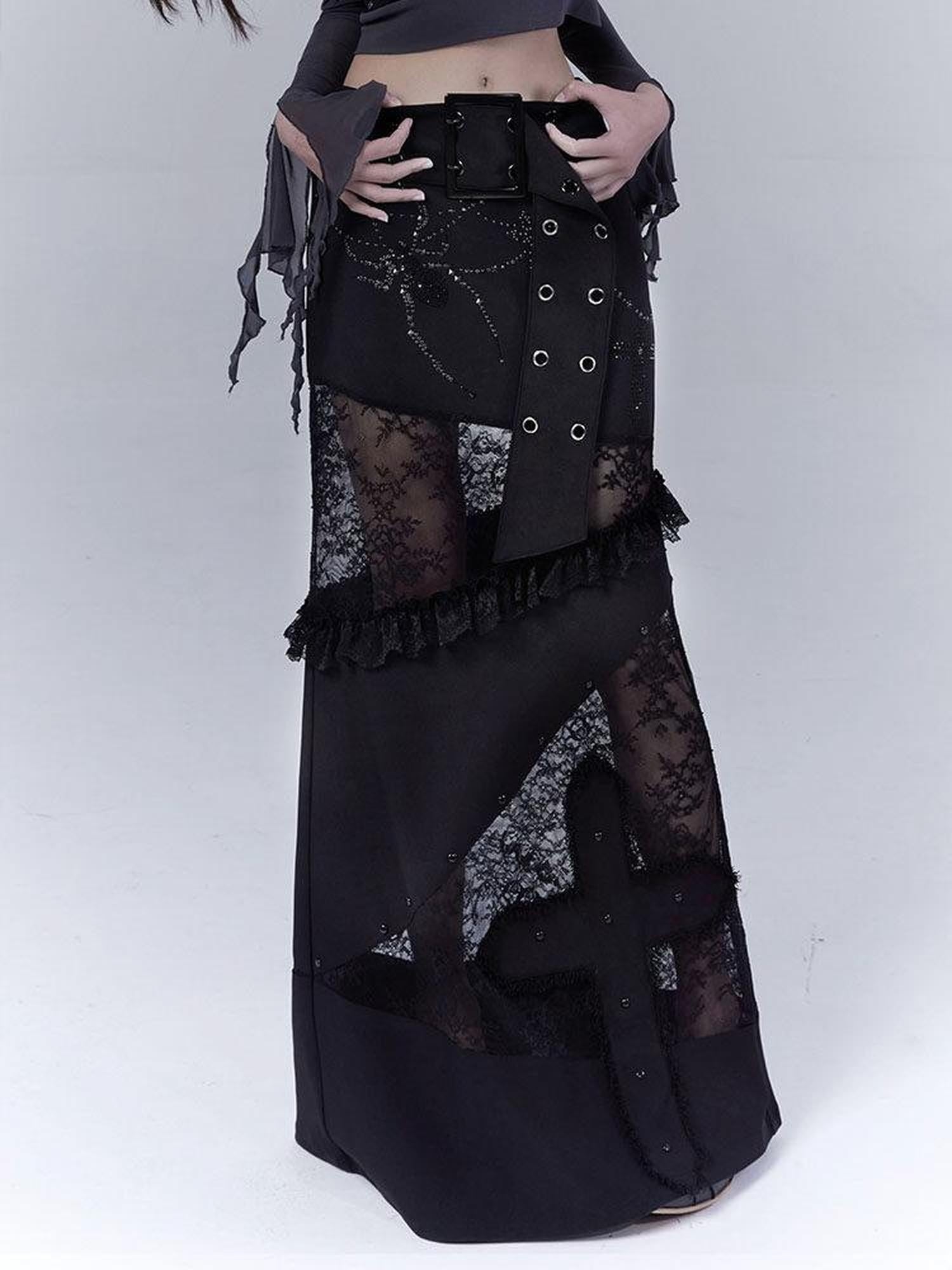 WSW Sexy Gothic Lace Low Waist Straight Cut Women Everyday Black Maxi Skirts
