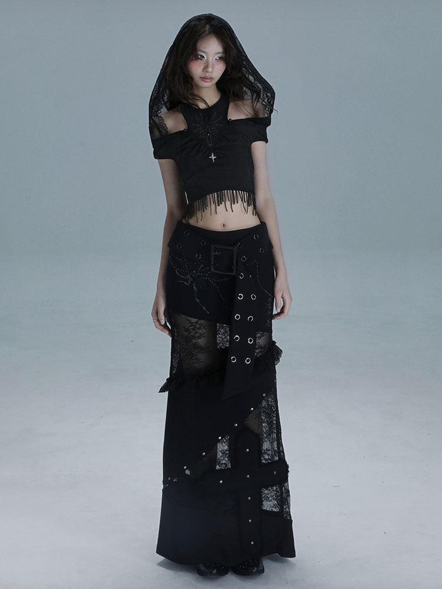 WSW Sexy Gothic Lace Low Waist Straight Cut Women Everyday Black Maxi Skirts
