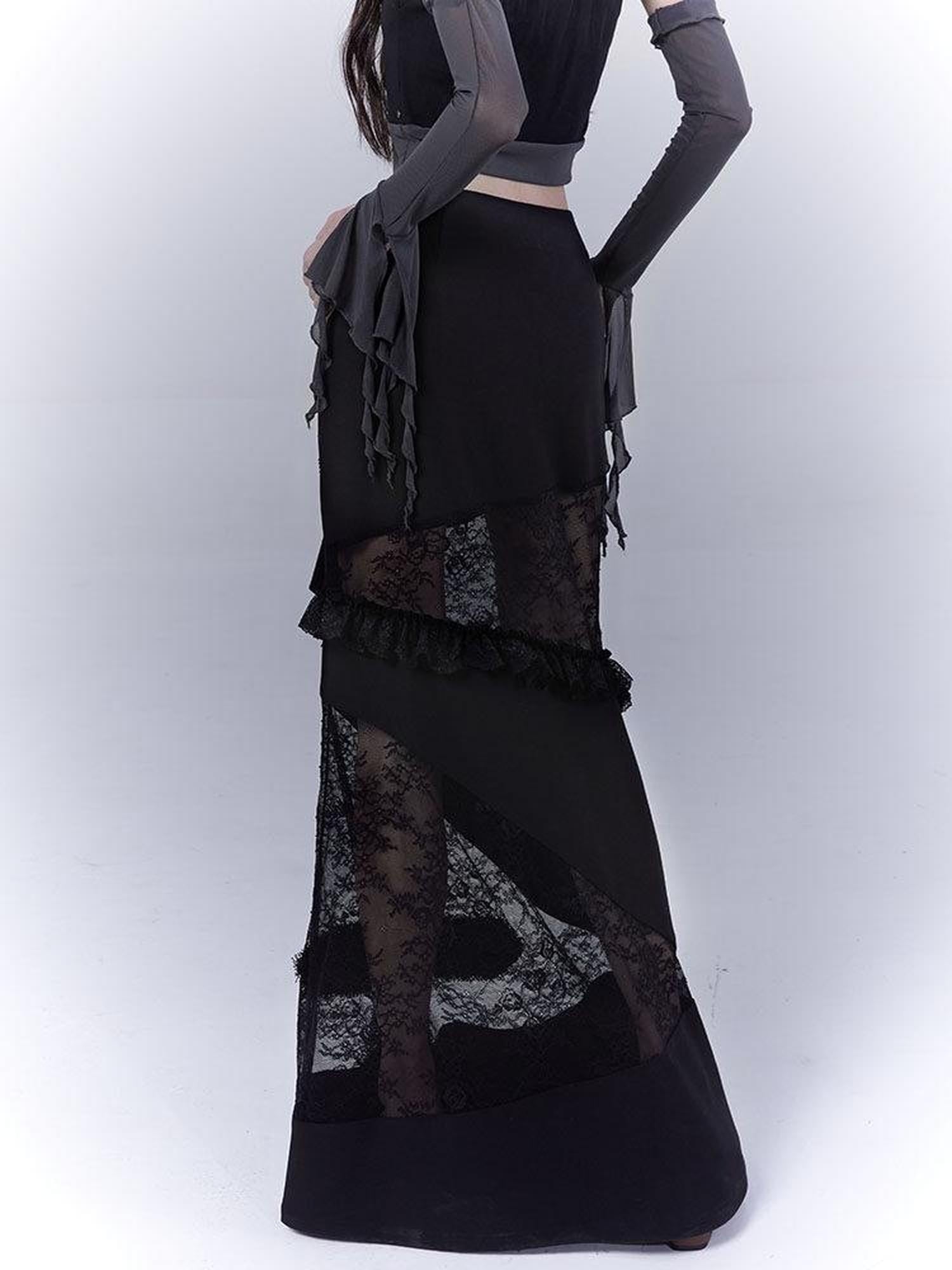 WSW Sexy Gothic Lace Low Waist Straight Cut Women Everyday Black Maxi Skirts