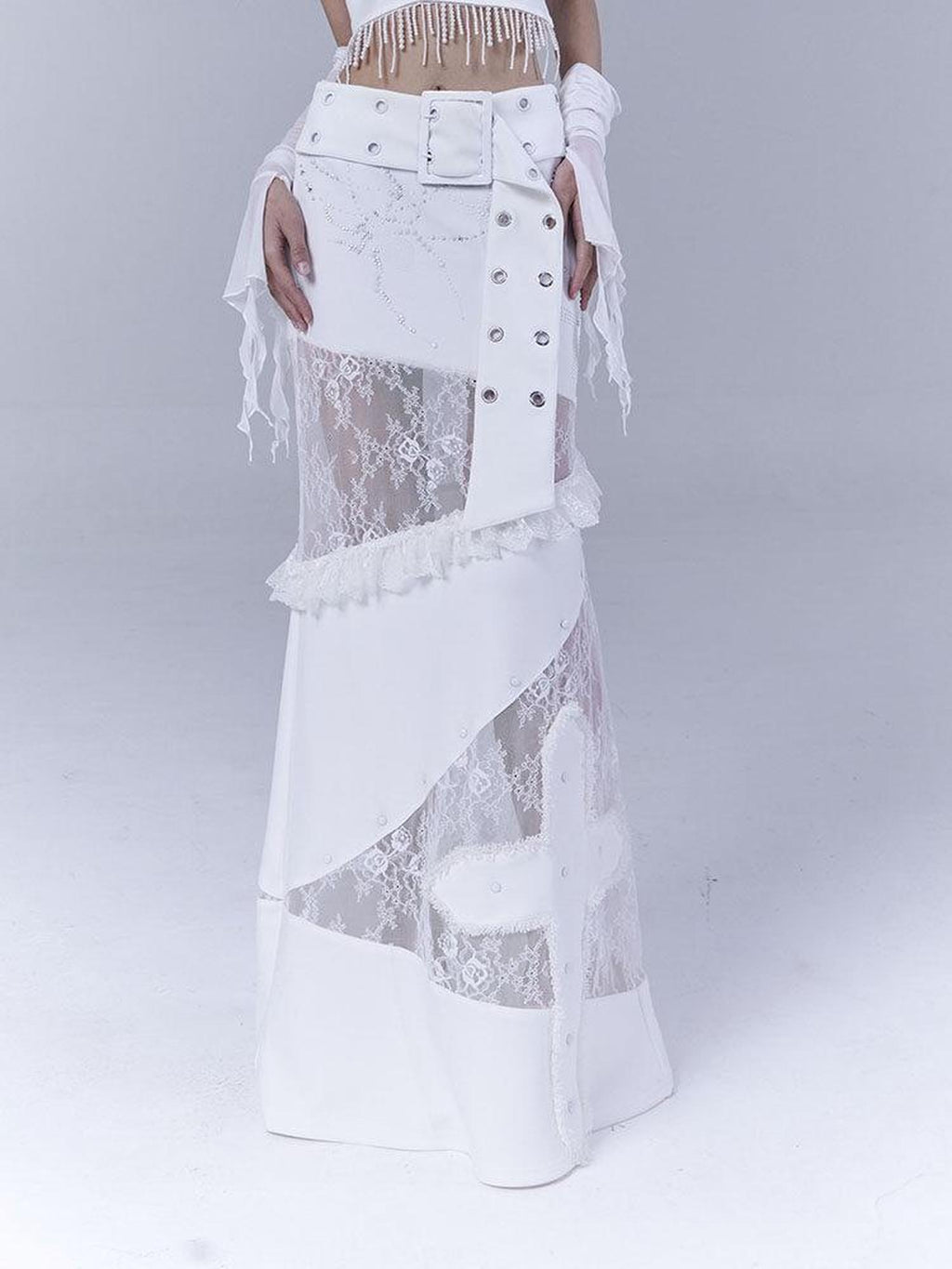 WSW Sexy Lace Panelled Low Rise Solid Straight Fit Women White Maxi Skirts