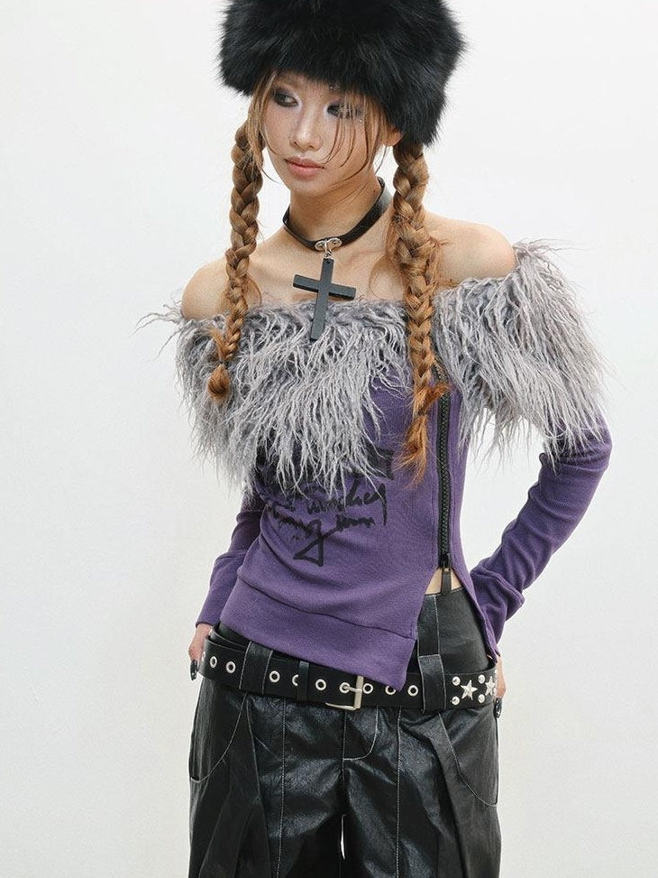 WSW Sexy Slim Fit Off Shoulder Women Purple Letter Print Zip Long Sleeve T-Shirts