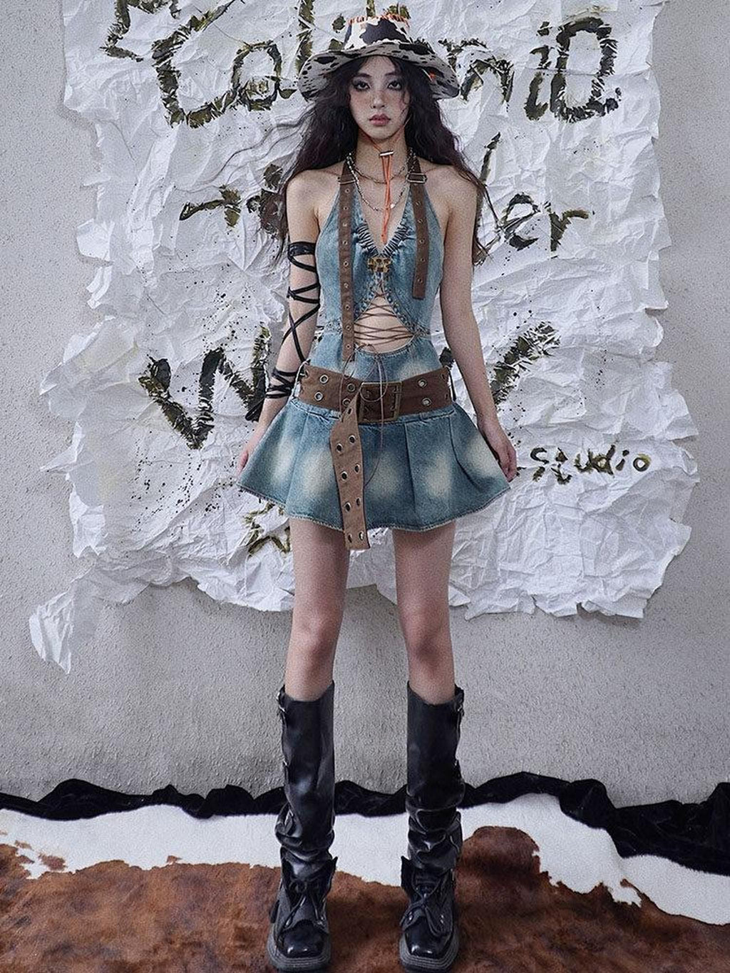 WSW Sexy Tie Halter Denim Cotton Sleeveless Women Casual Hippie Traveler Mini Dresses