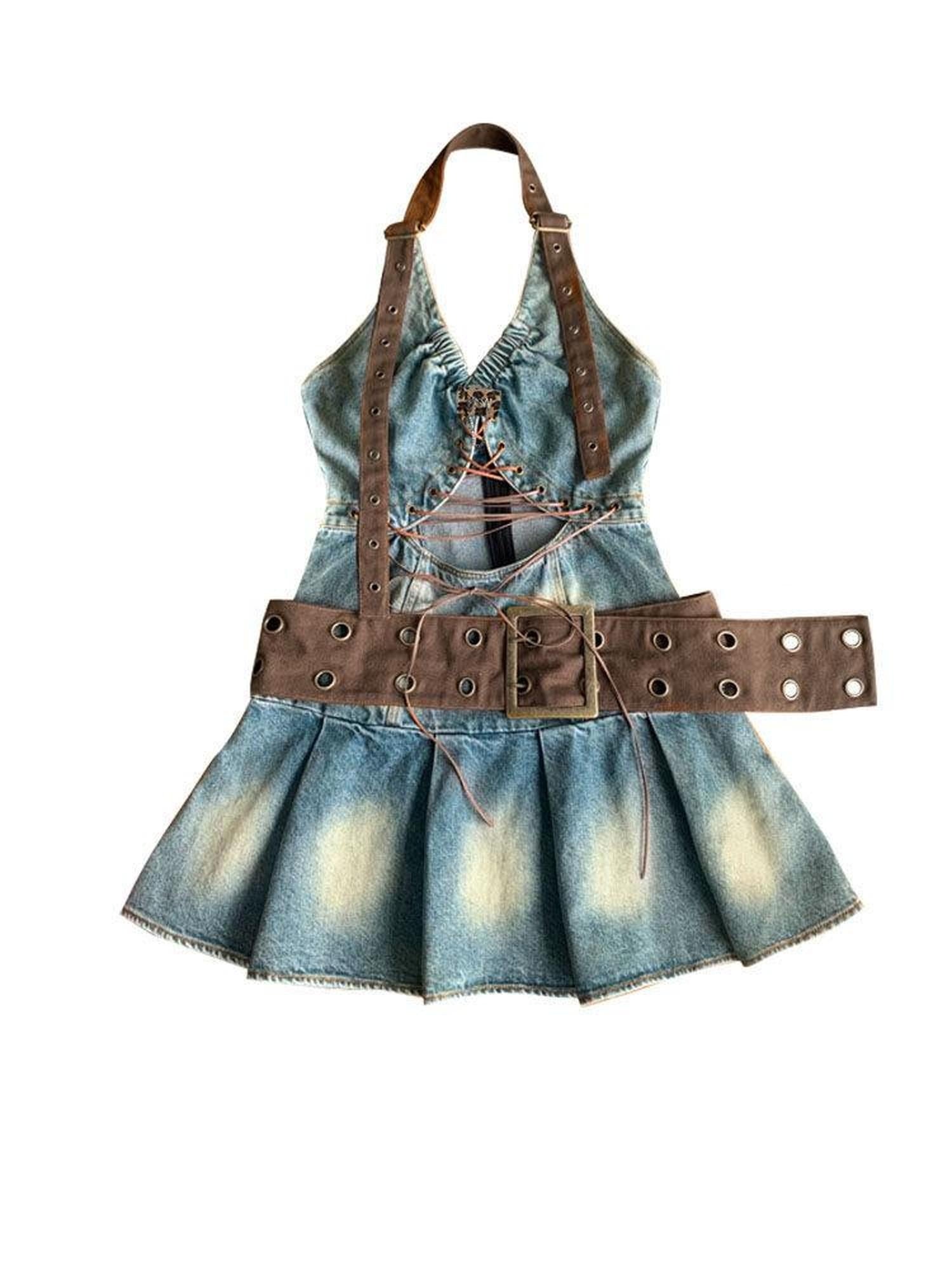 WSW Sexy Tie Halter Denim Cotton Sleeveless Women Casual Hippie Traveler Mini Dresses