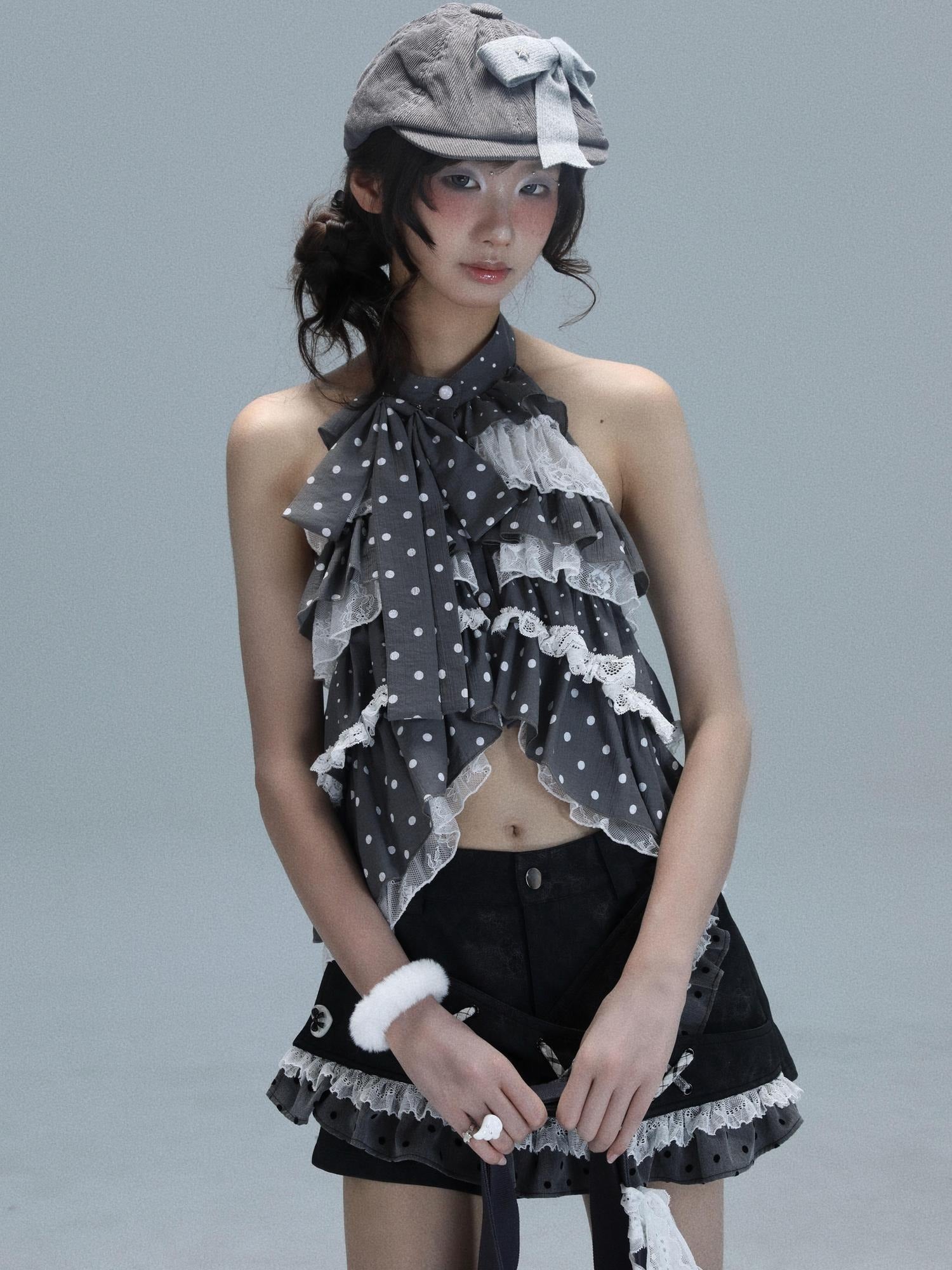 WSW Shape Retaining Sweet Slim Backless Tie Front Polka Dot Cropped Tank Tops