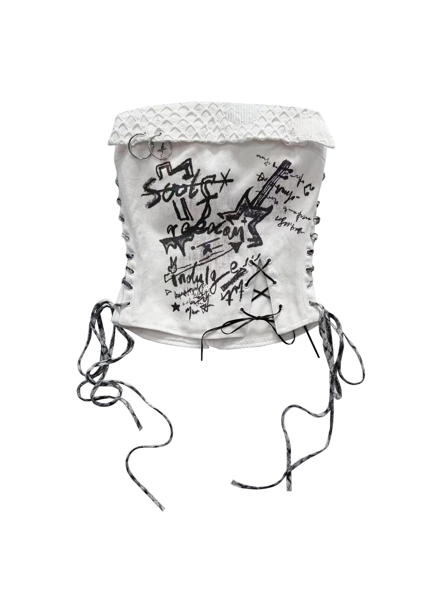 WSW Slim Tie Strap Printed Cotton H Back Crop White Tube Tops / Bandeaus