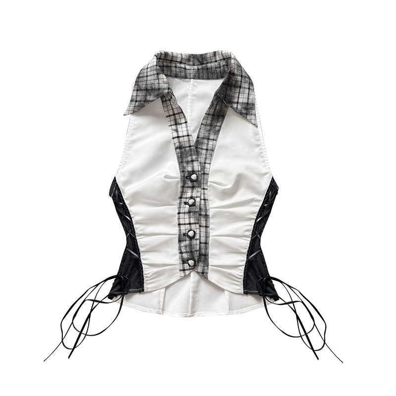 WSW_Slimming_Original_Slim_Fit_Pointed_Collar_Cropped_Plaid_Women_White_Tank_Tops_MISSTT