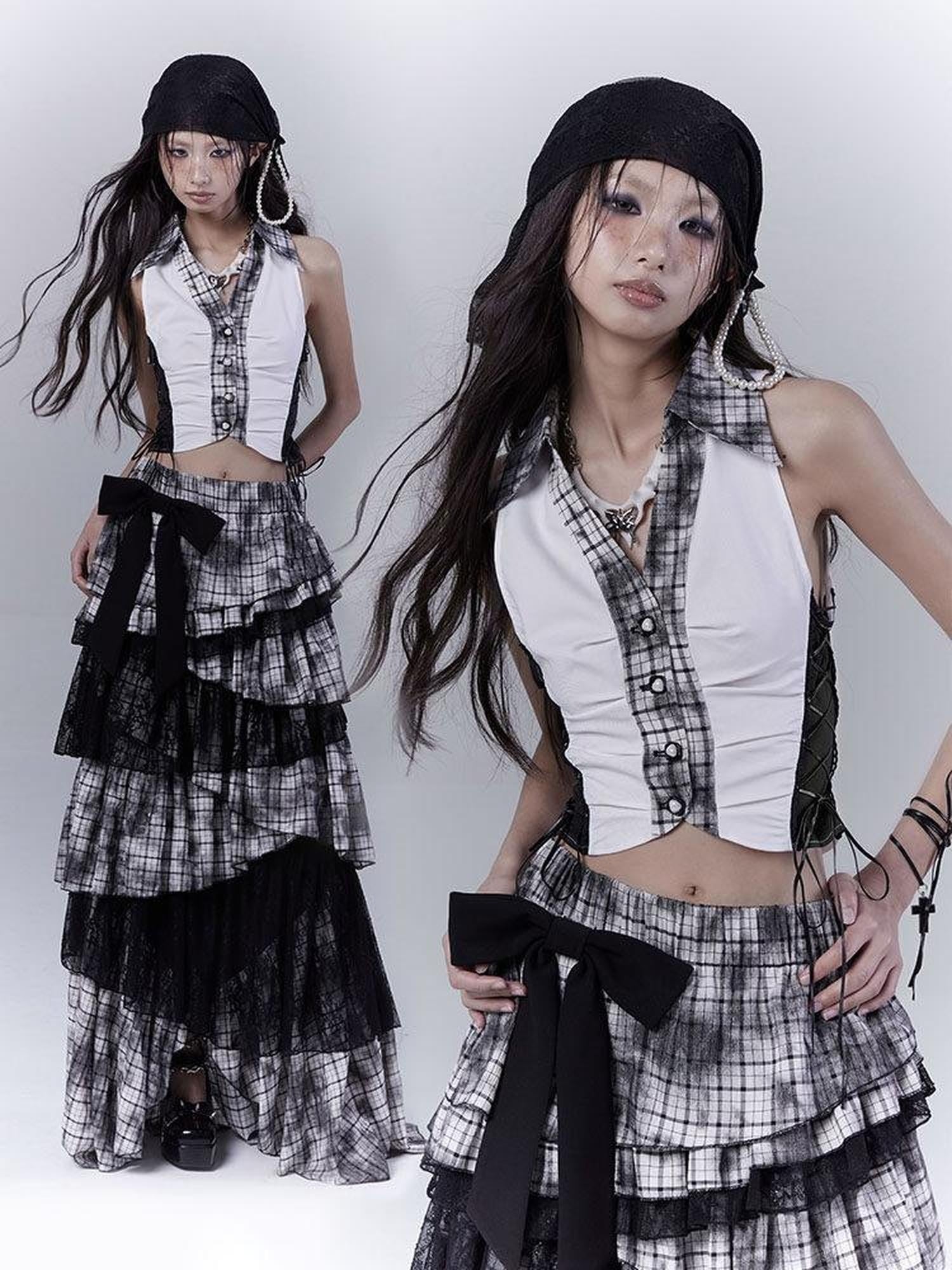 WSW Slimming Original Slim Fit Pointed Collar Cropped Plaid Women White Tank Tops