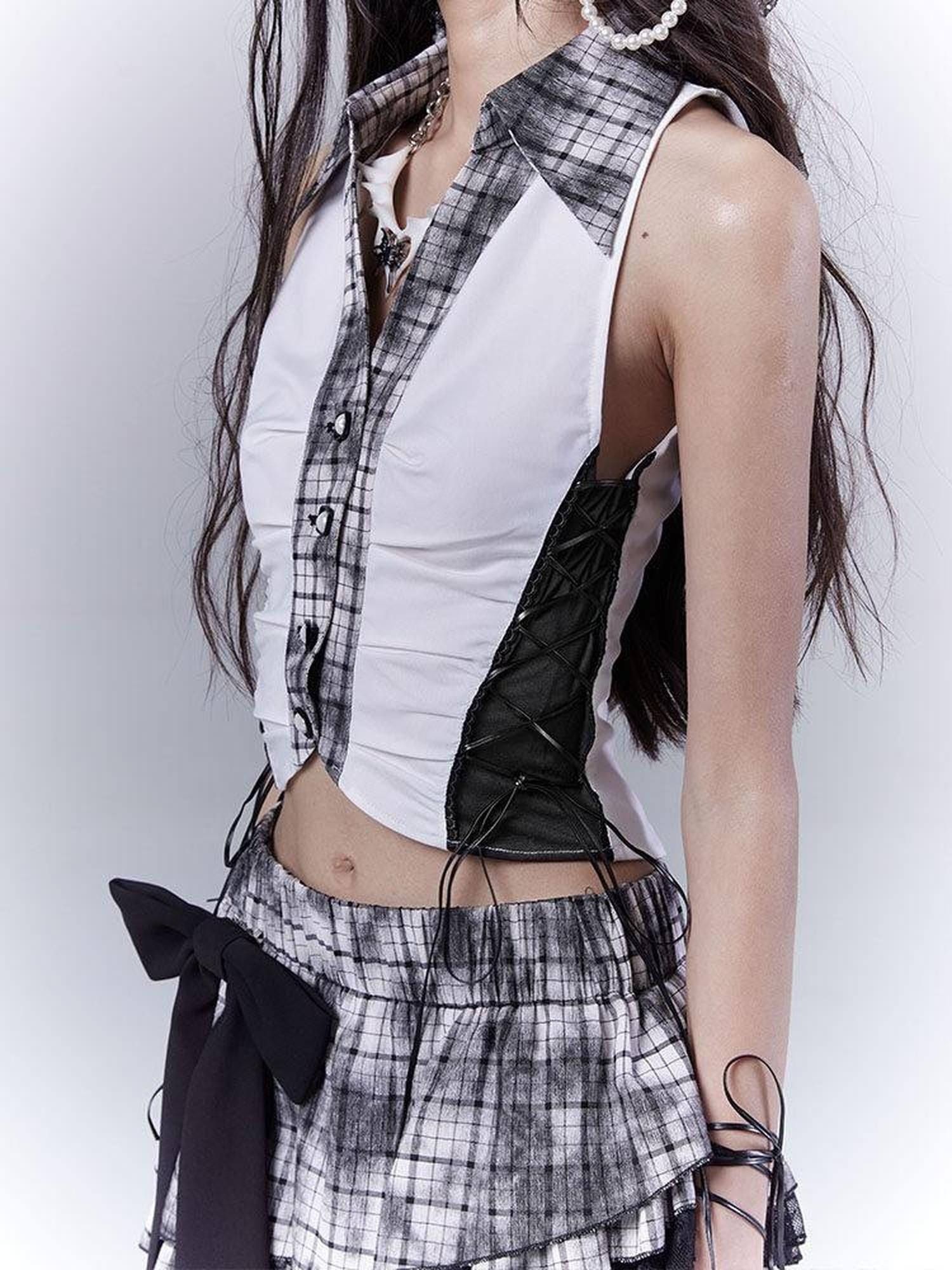 WSW Slimming Original Slim Fit Pointed Collar Cropped Plaid Women White Tank Tops