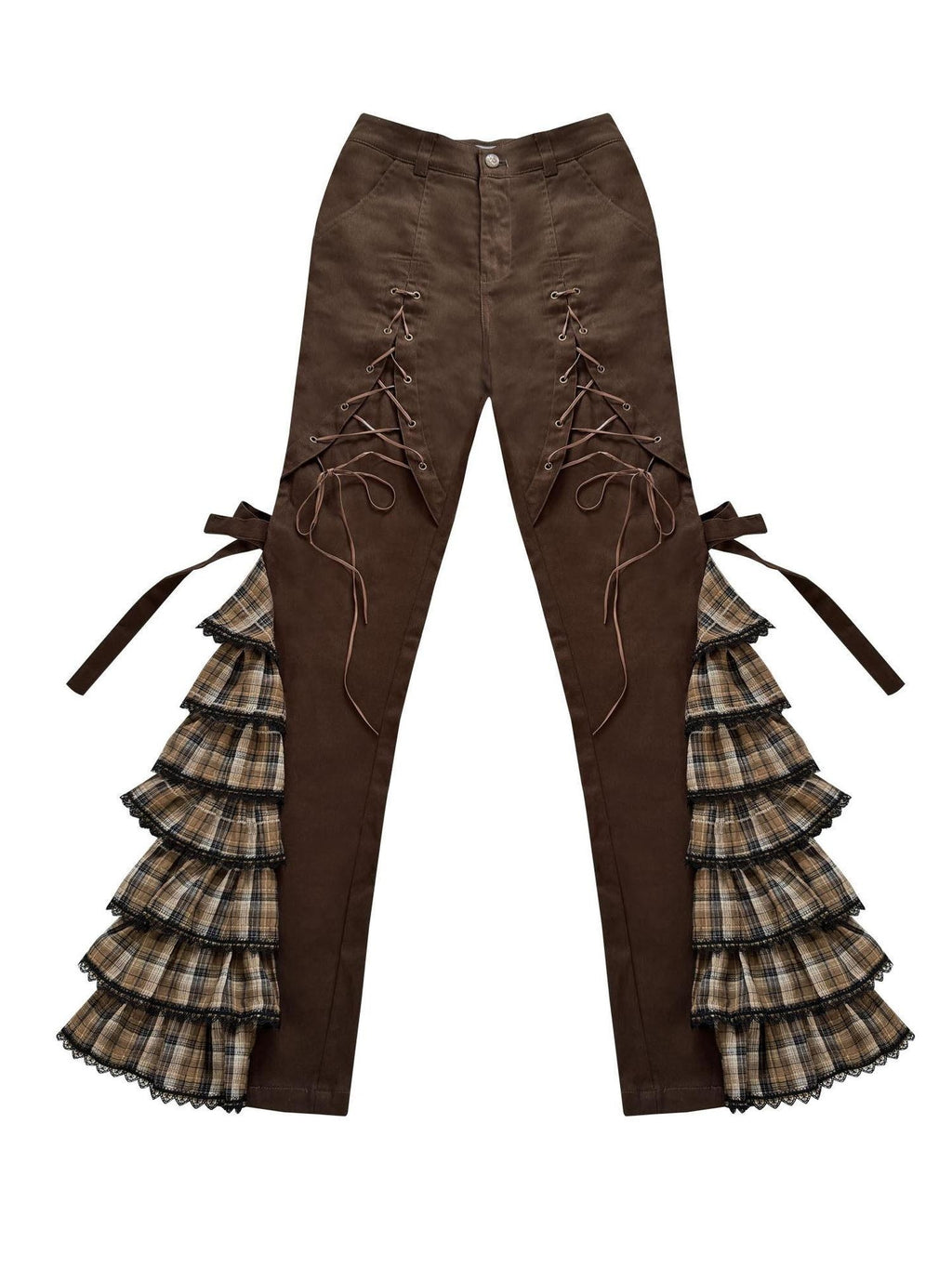 WSW Soft Cotton Blend Ruffle Hem Natural Waist Full Length Women Coffee Brown Chinos