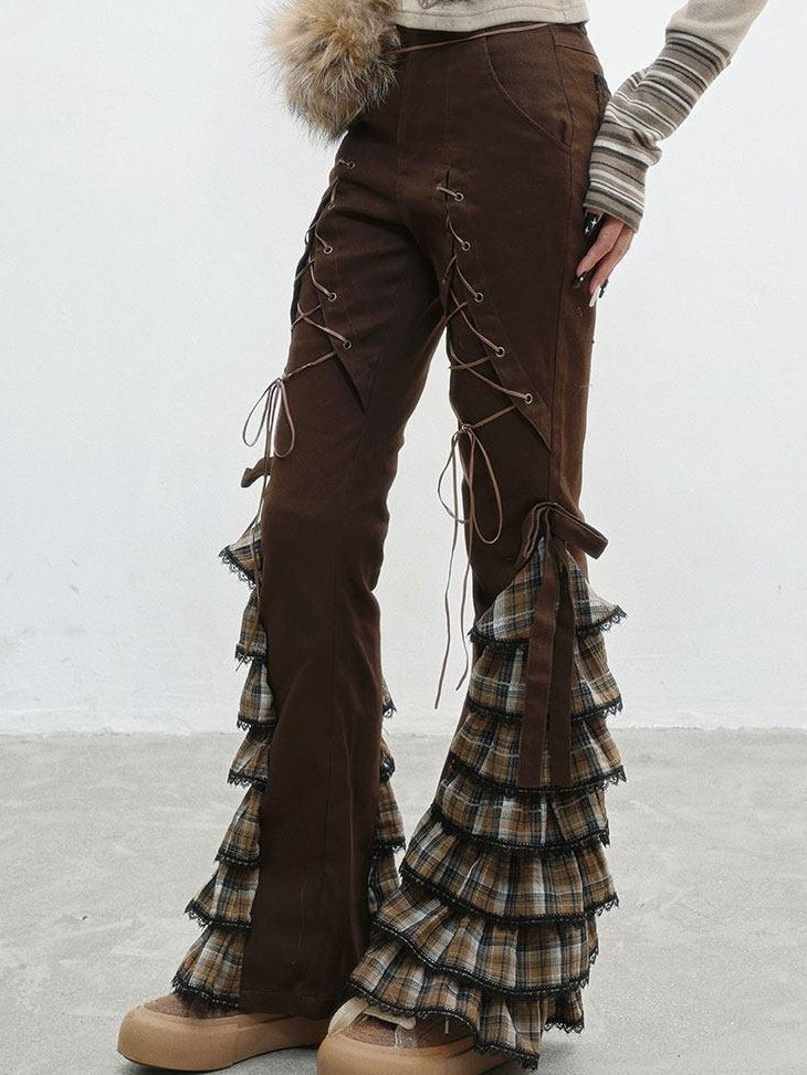 WSW Soft Cotton Blend Ruffle Hem Natural Waist Full Length Women Coffee Brown Chinos