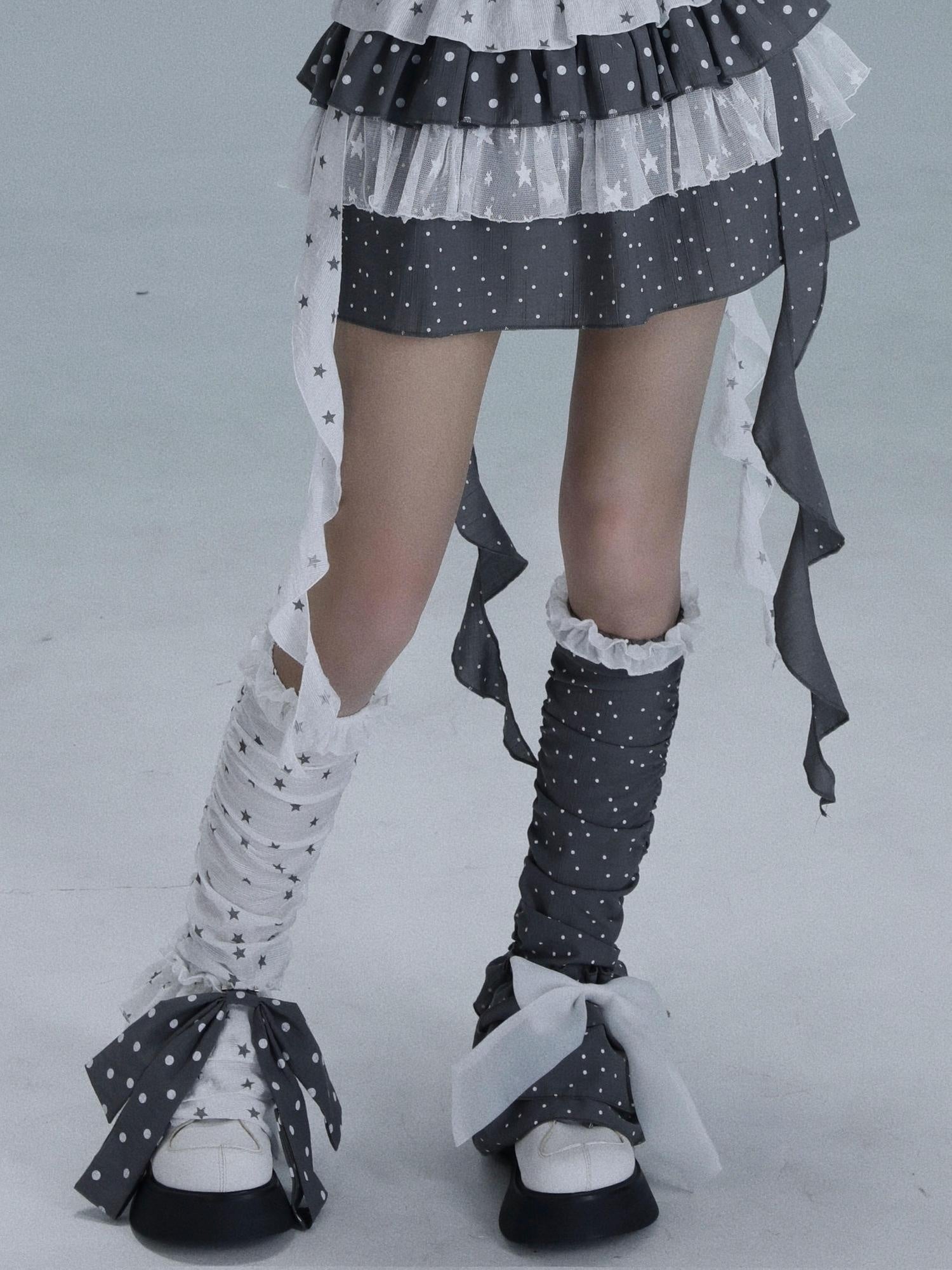 WSW Soft Poly Cotton Blend Japanese Y2K Polka Dot Grey White Women Leg Warmers