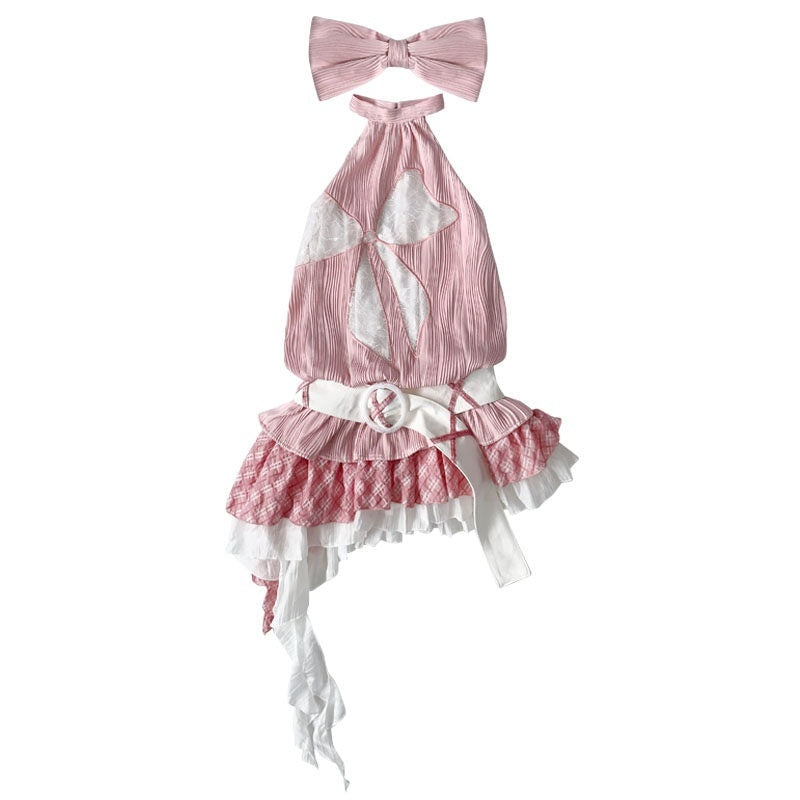 WSW_Stretch_Polyester_Halter_Asymmetrical_Girly_Campus_Party_Pink_Mini_Dresses_MISSTT
