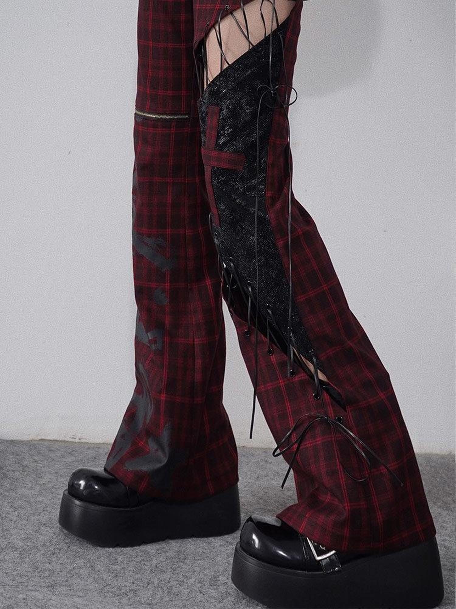 WSW Stretchy Original Micro Flare Low Waist Red Black Polyester Straight Pants