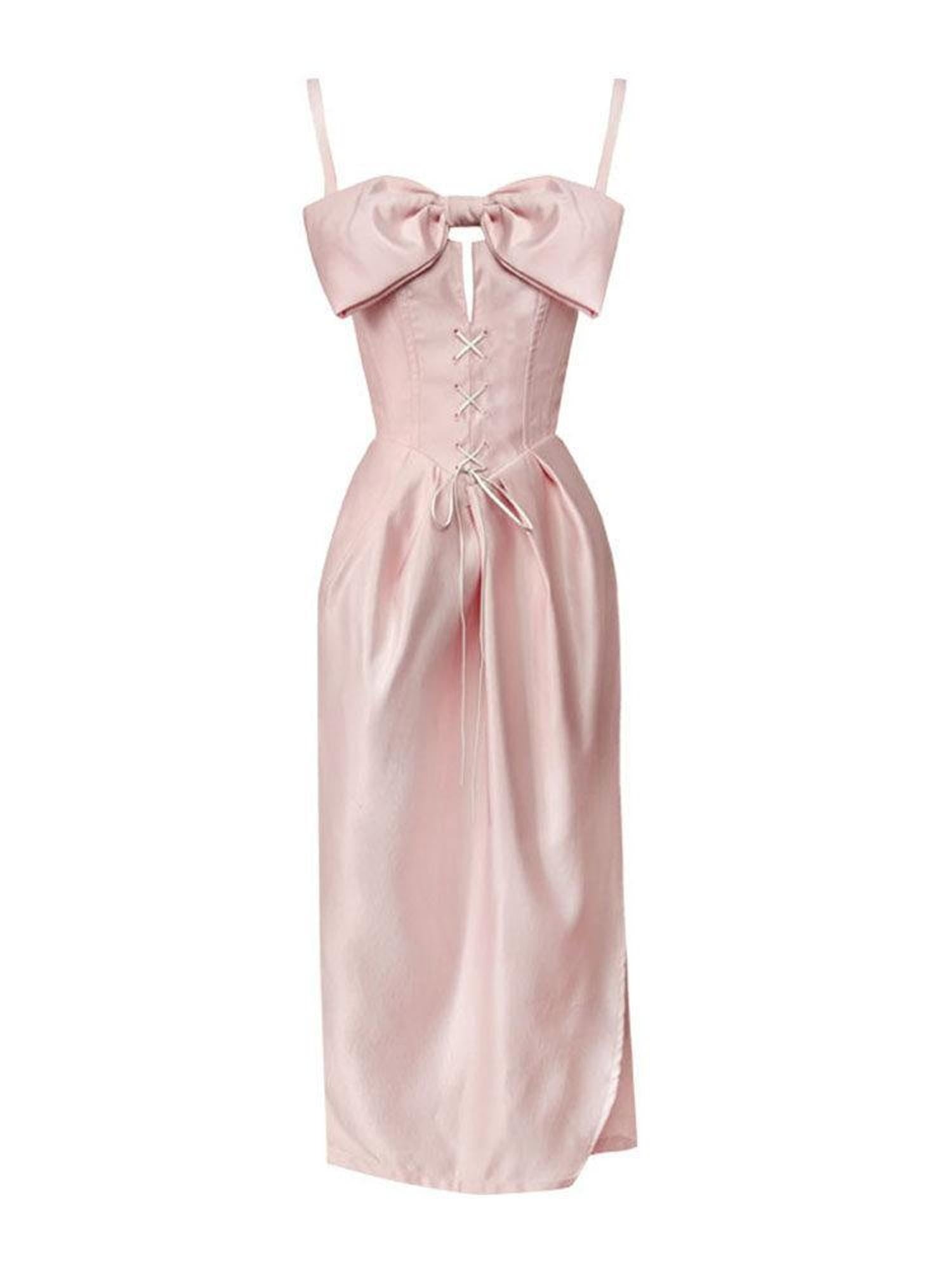 WSW Sweet Bow Halter Square Neck Girly Soft Pink Bridal Party Date Slip Midi Dresses