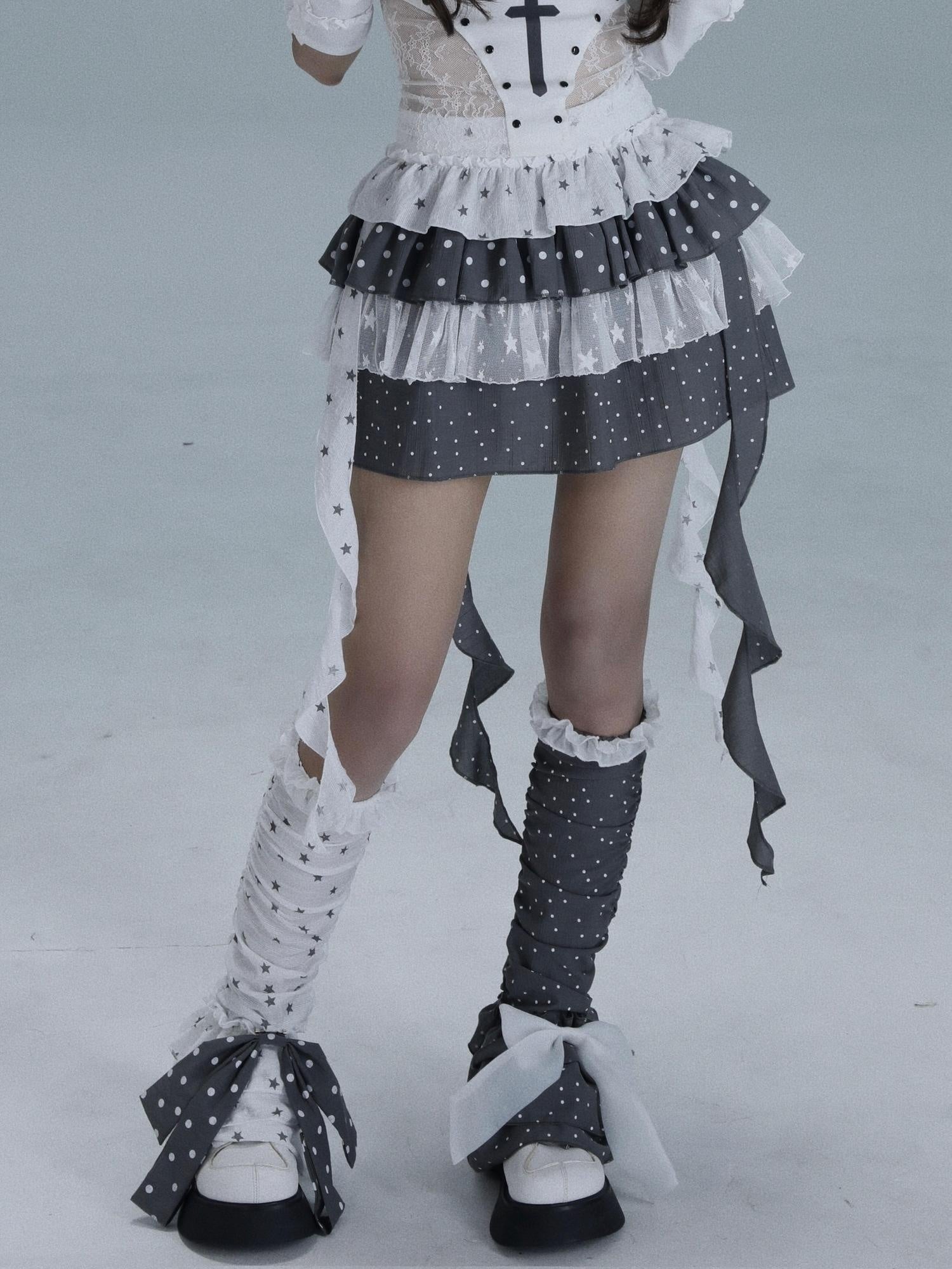 WSW Sweet Patchwork Tiered Cake Loose Fit Mid Waist Women Light Gray Mini Skirts